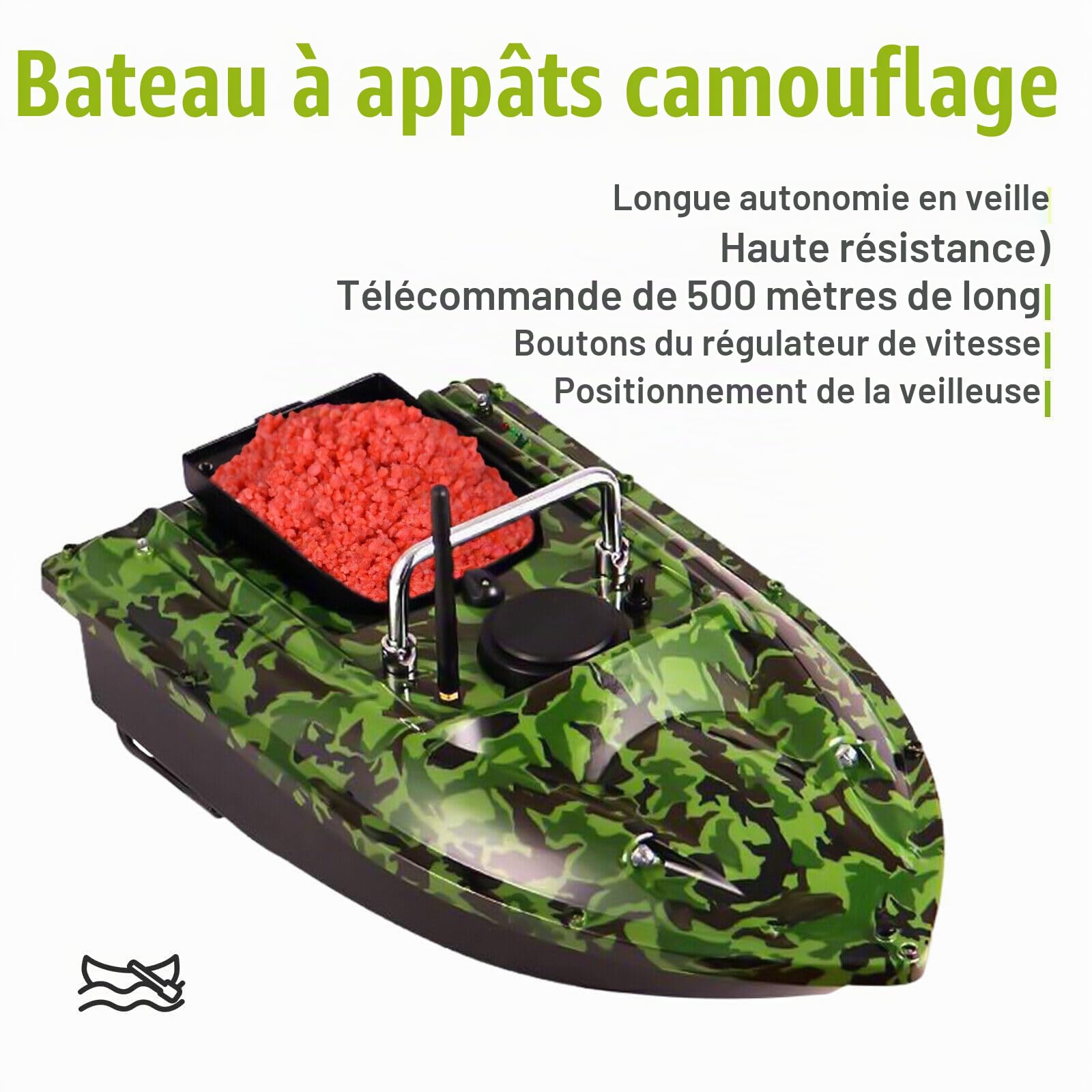 Bateau d'appât de pêche 500m Telecommandé sans Fil Pêche Bateau Amorceur avec Lumière LED avec 2 x Moteurs 1.5KG pour pêche de Nuit