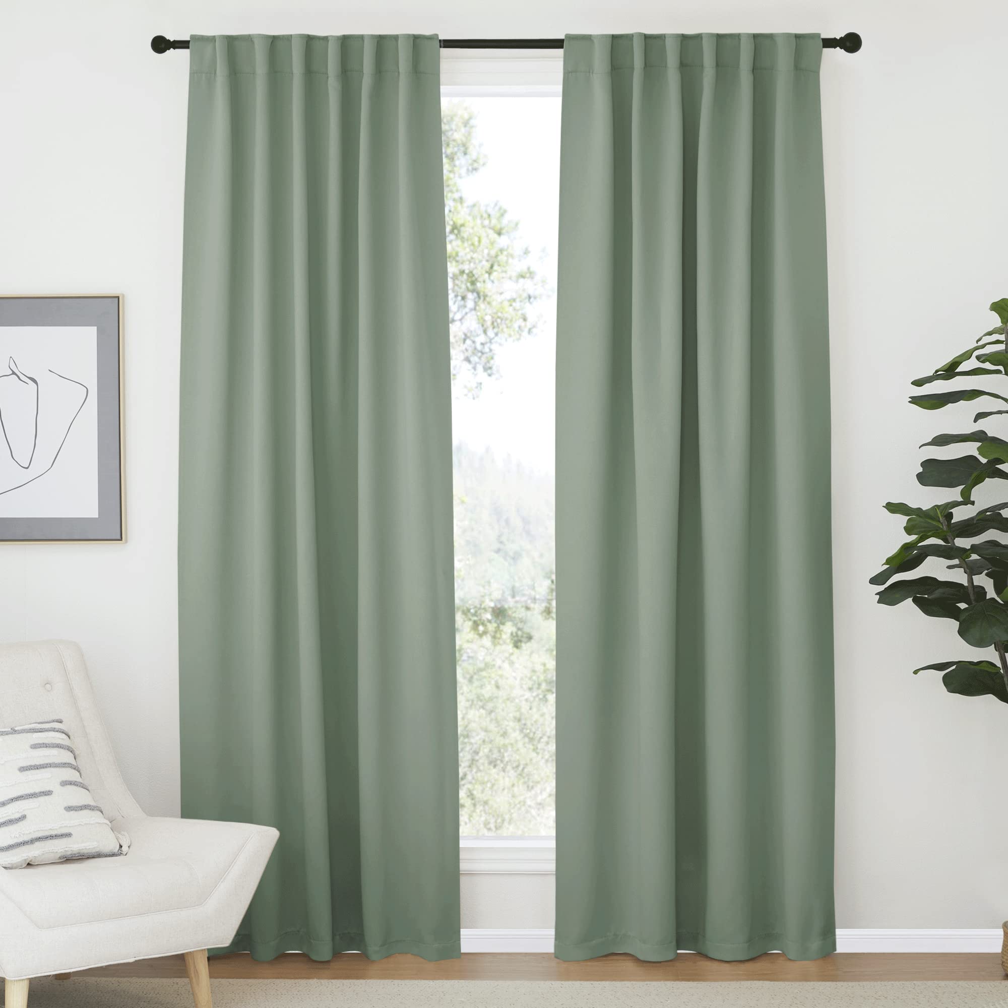 NICETOWN Living Room Blackout Draperies - (Greyish Green Color) W52 x L84, 2 Pieces, Room Darkening Window Blackout Drape Panels for Wall