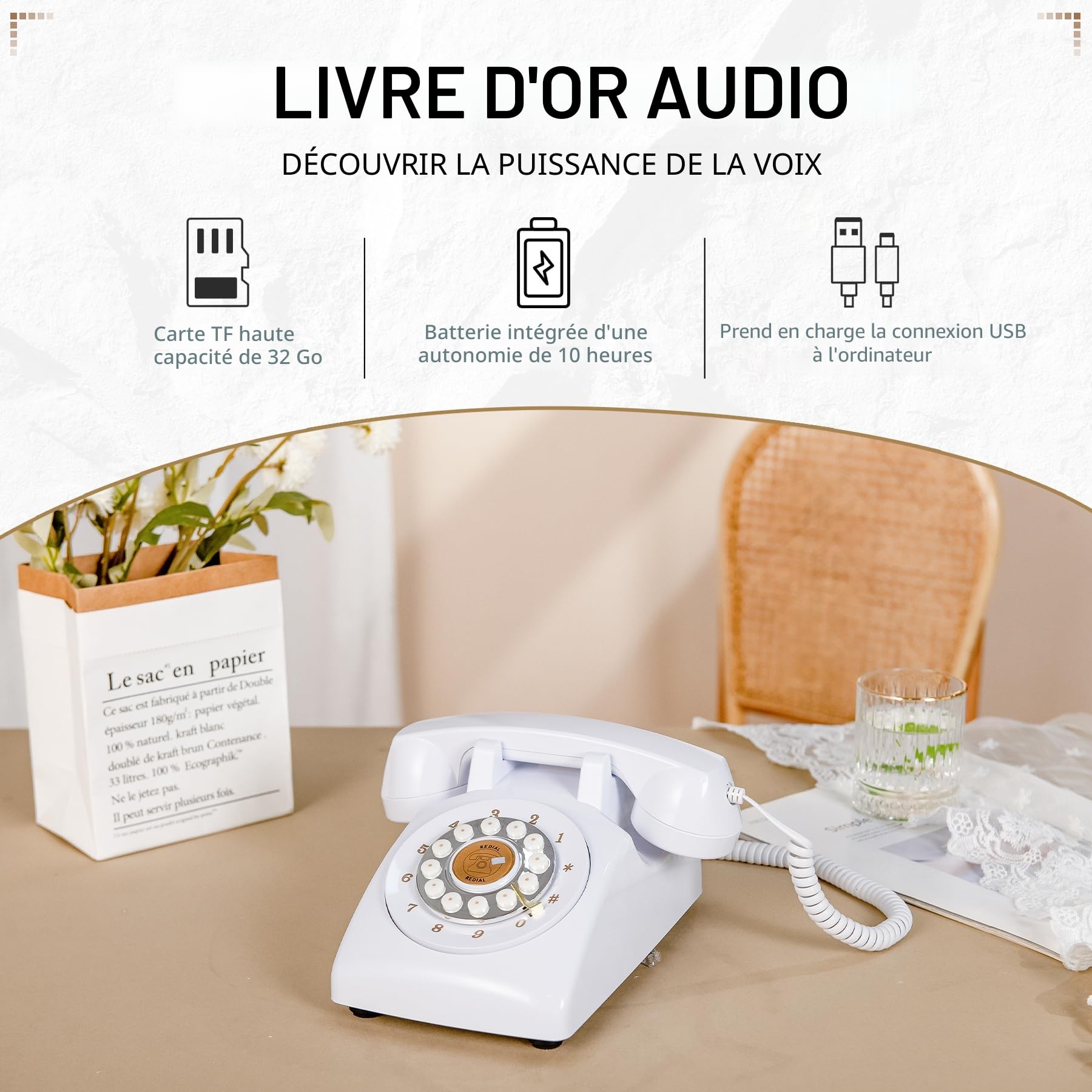Livre d'or audio de mariage, mémoire de 32 Go, messages audio personnalisés, volume réglable, avec fonction de lecture des messages, convient à tous les types de fêtes(Blanc pur)