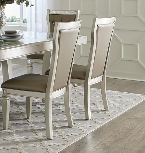 Miniatura 4 de Juego de mesa de comedor tradicional con acabado champán de 7 piezas con inserto de cristal 6 sillas laterales copetudas con respaldo copetudo