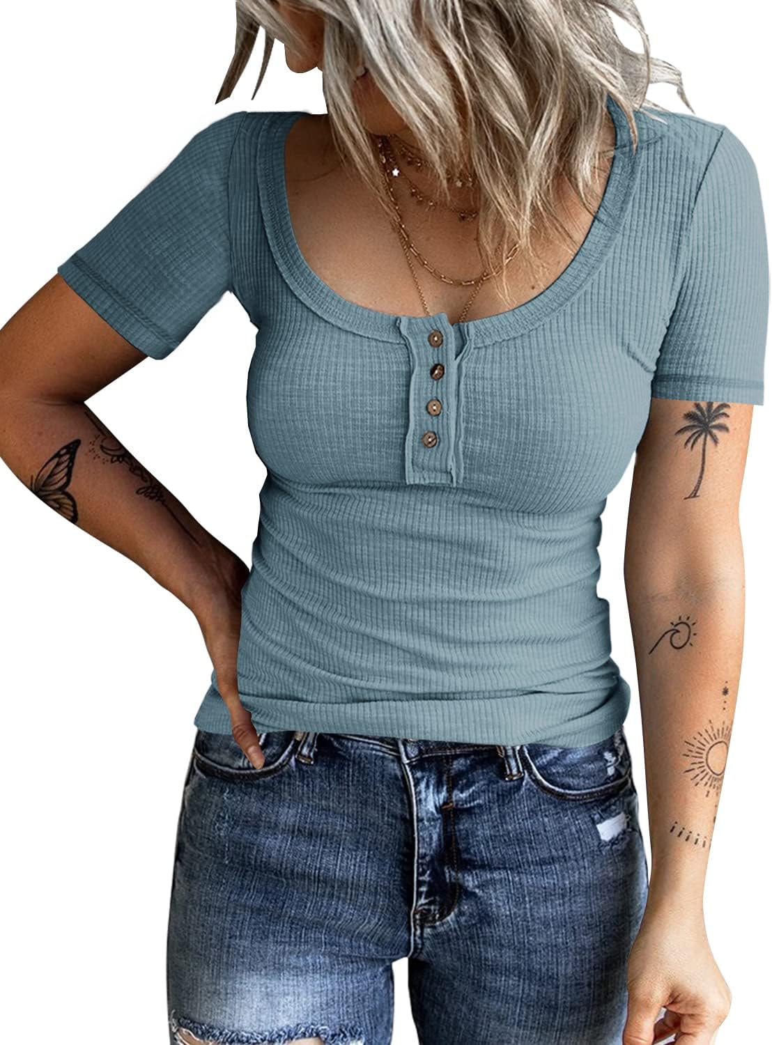 KINLONSAIR Women’s Short Sleeve Henley T Shirts Button Down Slim Fit Tops Scoop Neck Ribbed Knit Shirts