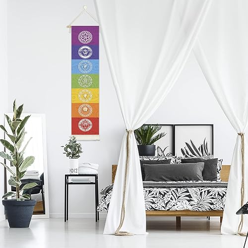 Miniatura 5 de Póster colgante de lienzo para meditación, 7 chakras, mandala, yoga, pintura | Tapiz de yoga para colgar en la pared con 1 borla, decoración de
