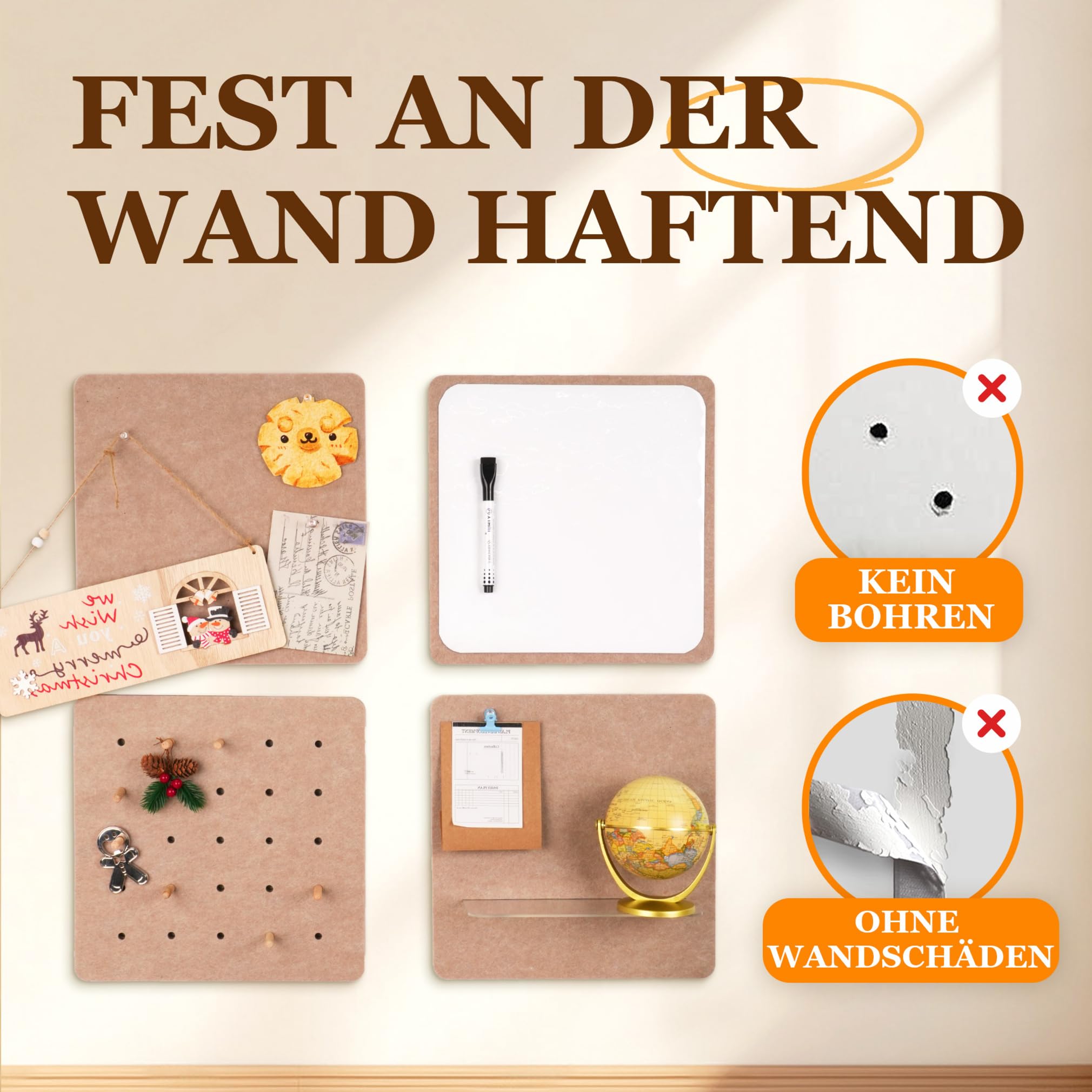 Pinnwand Kork Filz Pinnwand Korkplatte - Cork Pin Board 4-in-1 Pinwand Korktafel, 12" x 12" Korkwand Set inkl. Weißbrett, Ausstellungs und Organisationsbrett