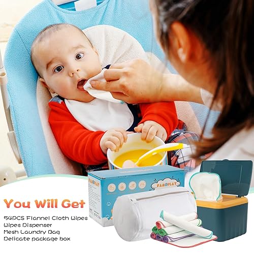 Miniatura 7 de Paquete de 54 toallitas reutilizables de franela para bebé con dispensador de toallitas azules, toallitas reutilizables y naturales para la piel