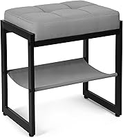 FrexCheng Grey Black Linen Fabric Vanity Stool with Storage Shelf - Comfortable Makeup Footstool for Bedroom Dressing Table