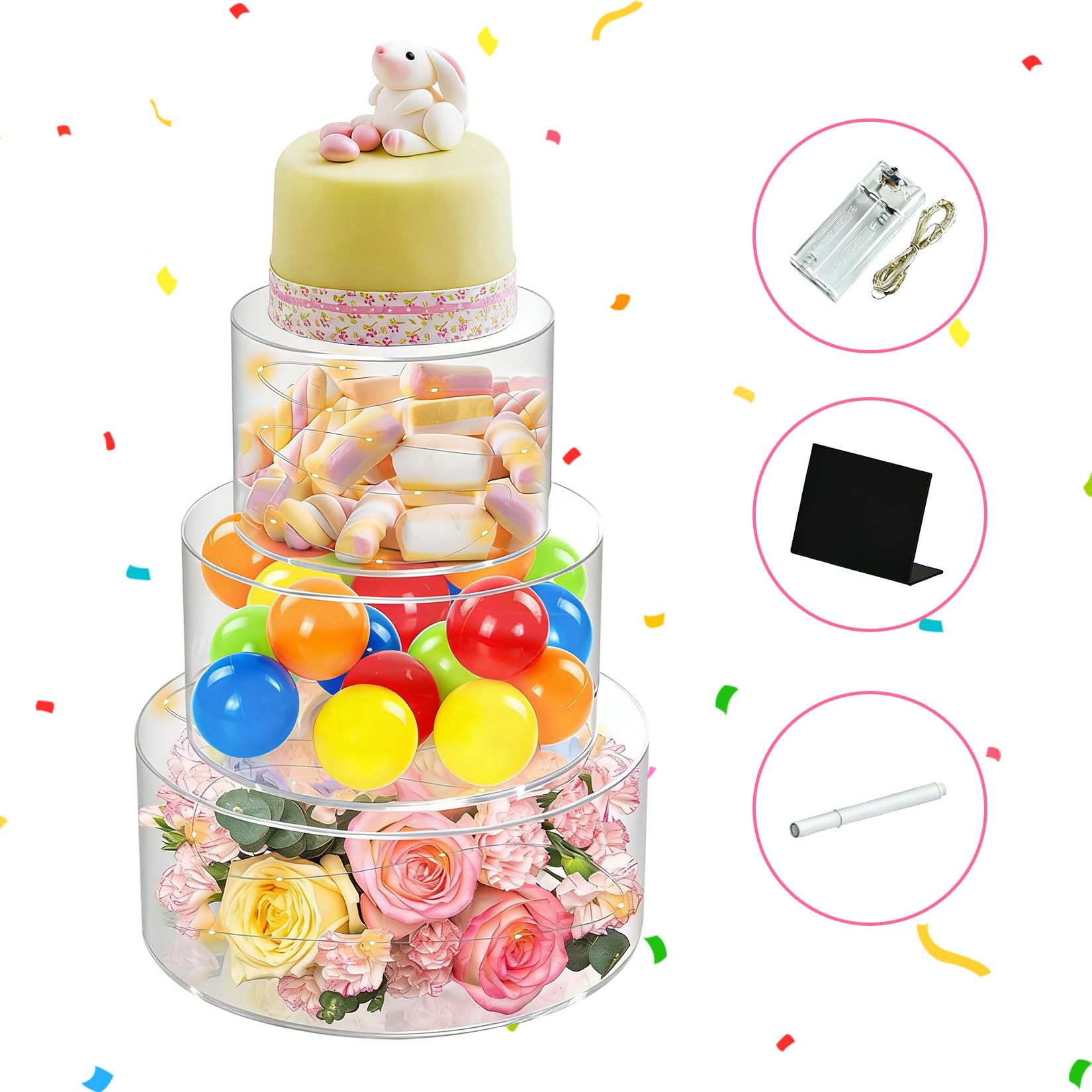 Garvee Alzata per torte in acrilico trasparente con luci a LED, 15,2/20/25,4 cm, rotonda, riempibile, con etichette, espositore da tavolo per dessert, per feste, matrimoni, compleanni