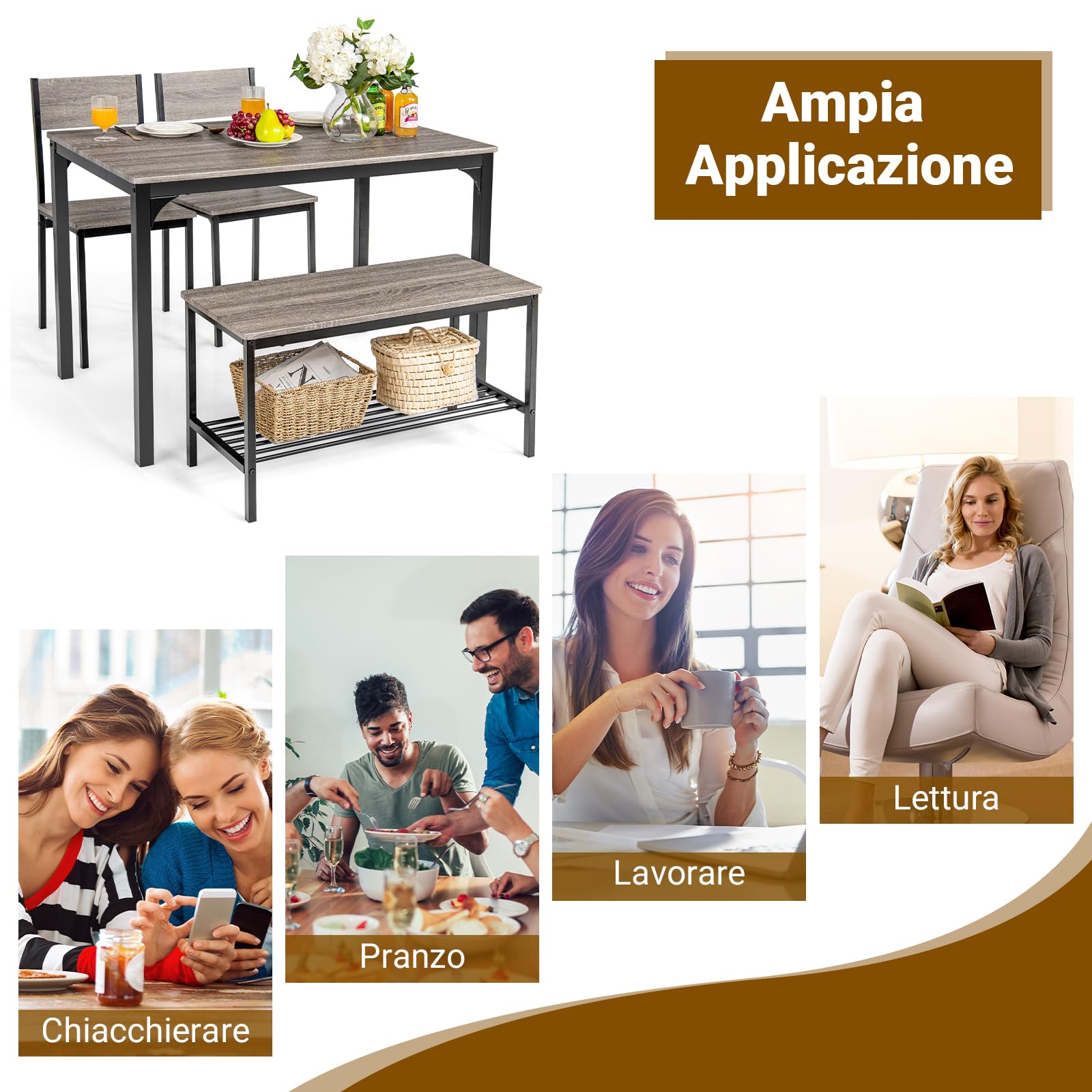 COSTWAY Set Tavolo e Sedie da Cucina 4 Pezzi, Tavolo da Pranzo con 2 Sedie e 1 Panca, Set Mobili da Cucina Salvaspazio con 4 Posti, per Sala da Pranzo e Soggiorno (Rovere grigio)