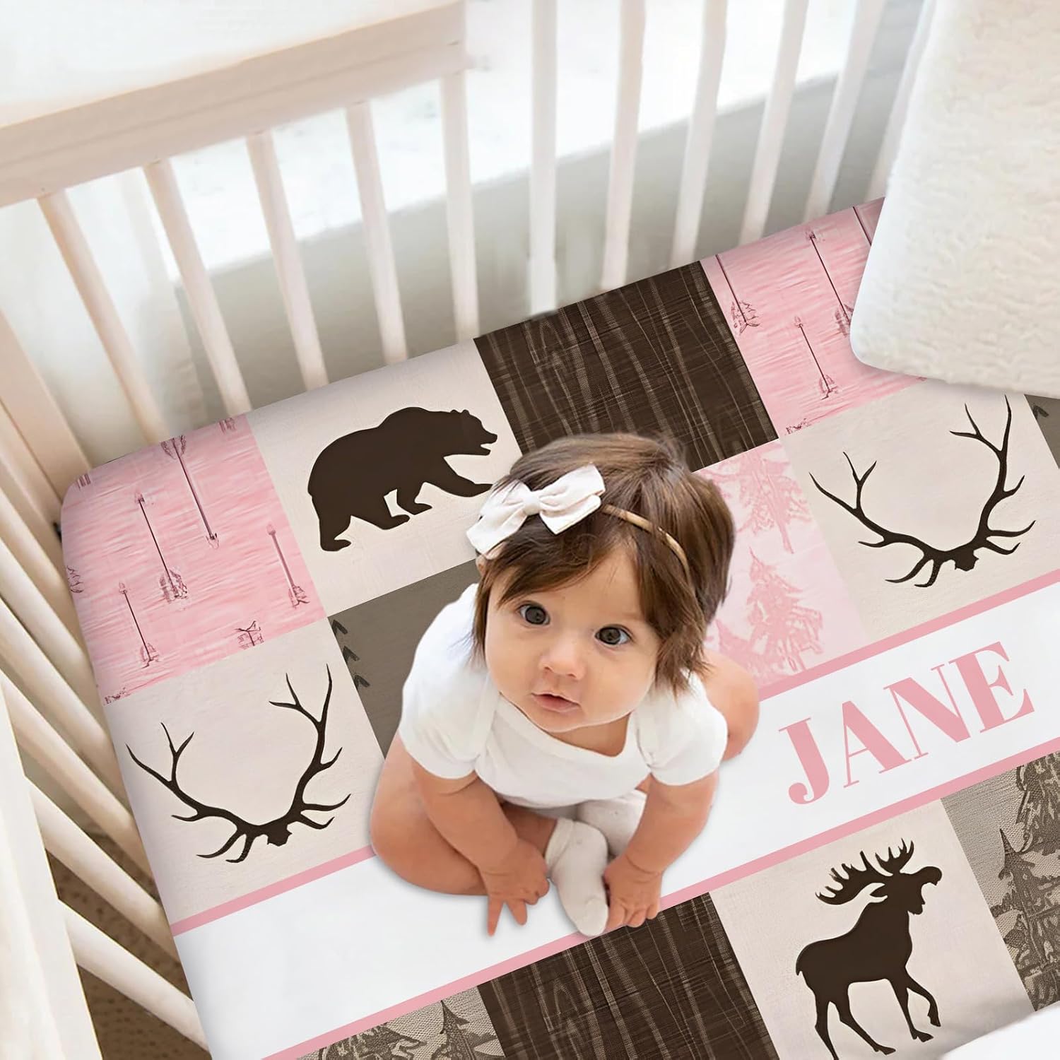 Personalized Crib Bedding Sets for Baby Girl, Custom Baby Crib Bedding Set with Name, Woodland Moose Bear Pink Nursery Bedding, 2 Piece Crib Bedding Set, Crib Comforter, Crib Fitted Sheets for Baby