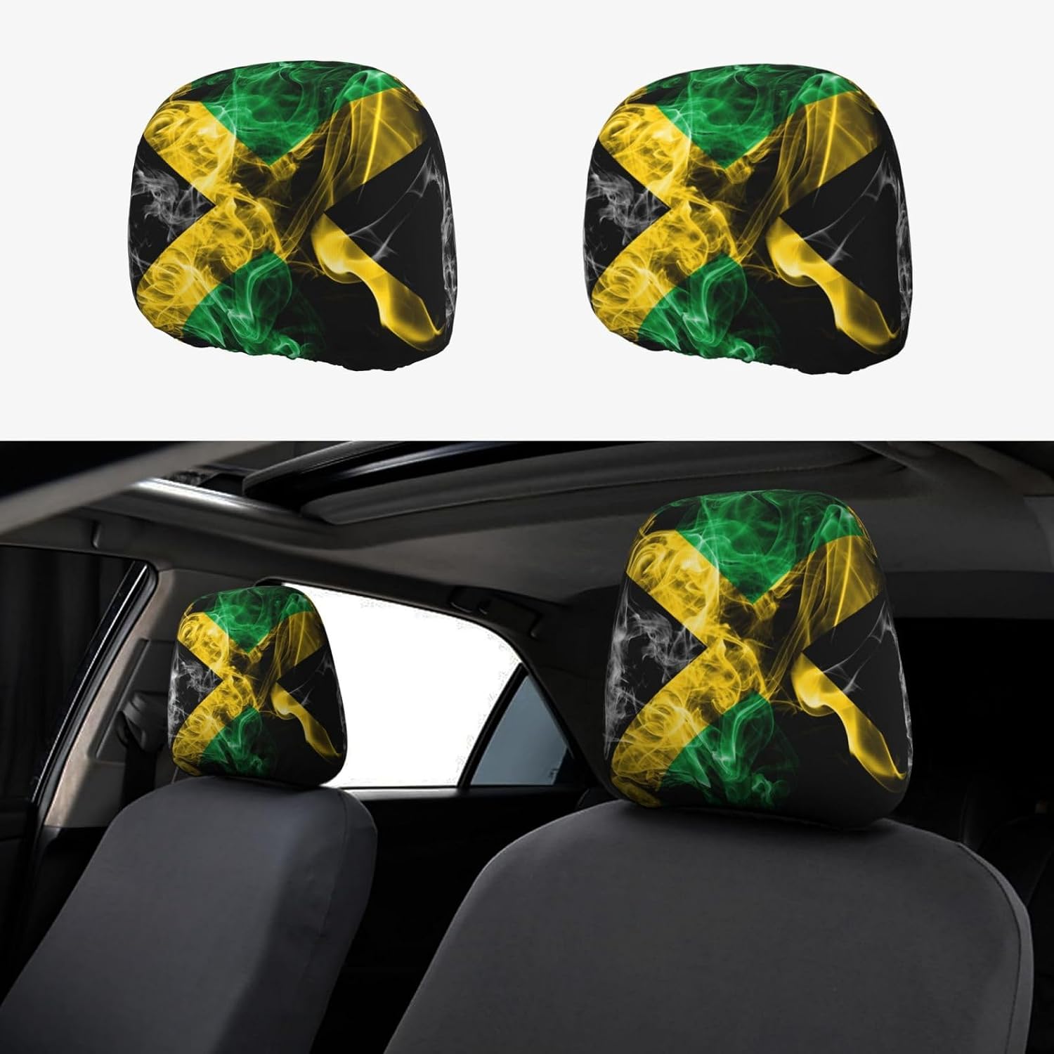 2 Pcs Jamaica Flag Headrest Covers,Cute Funny Car Headrest Protector Seat Cover Accessories Universal Fit for Cars Truck SUV Van
