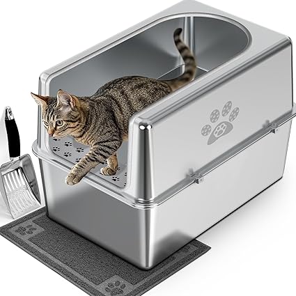 Enclosed Stainless Steel Cat Litter Box with Lid, XL Metal Litter Box for Big Cats, Extra Large Cat Toilet with High Side, Non-Stick, Anti-Leakage, Odorless, with Cats Litter Mat & Litter Scoop