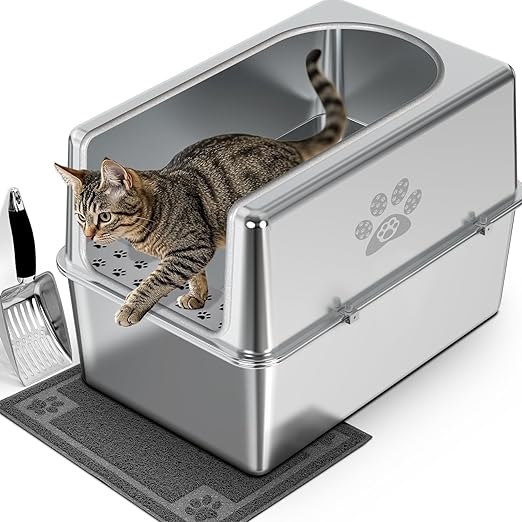 Enclosed Stainless Steel Cat Litter Box with Lid, XL Metal Litter Box for Big Cats, Extra Large Cat Toilet with High Side, Non-Stick, Anti-Leakage, Odorless, with Cats Litter Mat & Litter Scoop