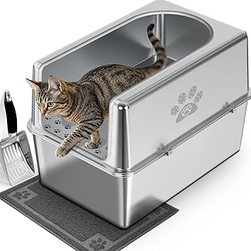 Enclosed Stainless Steel Cat Litter Box with Lid, XL Metal Litter Box for Big Cats, Extra Large Cat Toilet with High Side, Non-Stick, Anti-Leakage, Odorless, with Cats Litter Mat & Litter Scoop