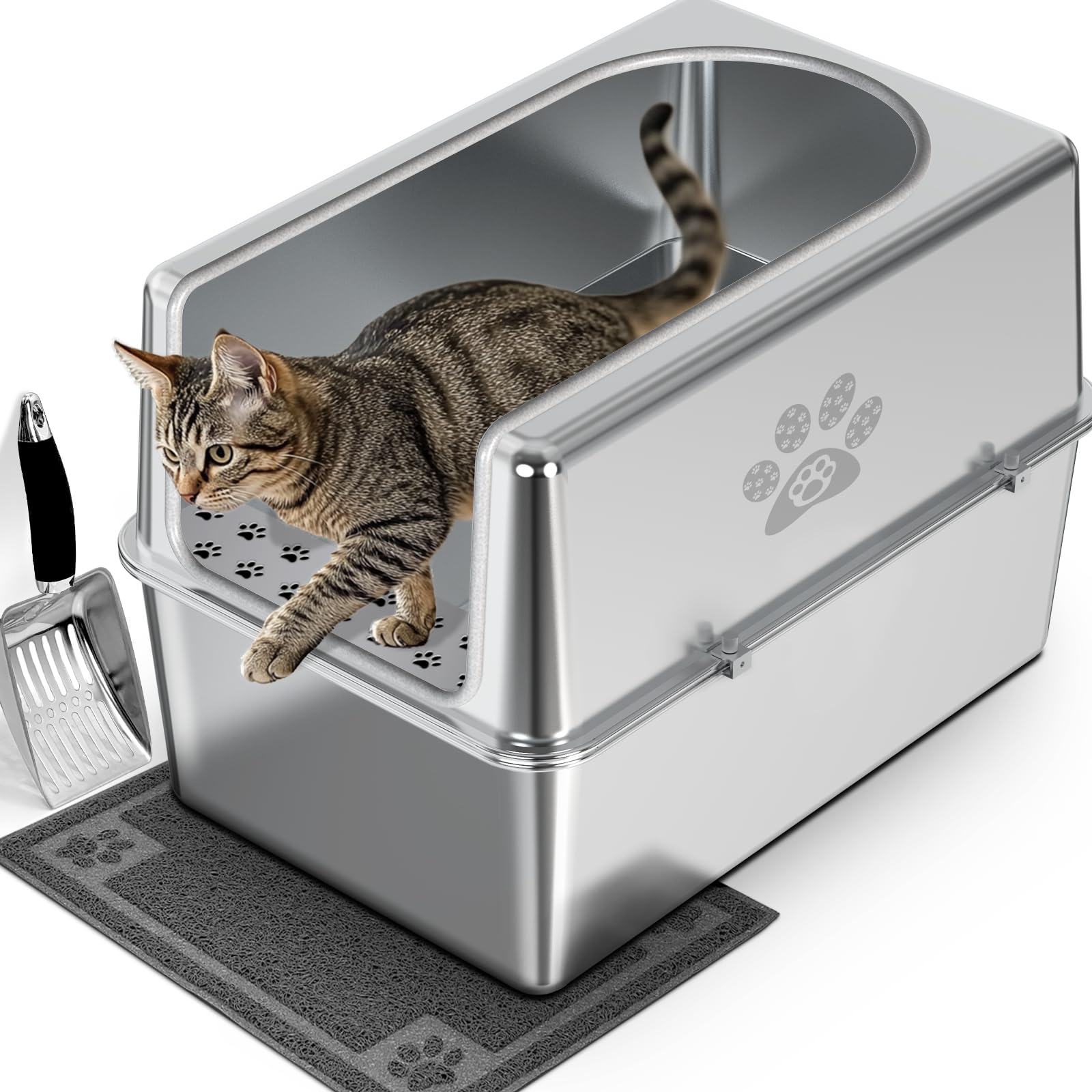 Enclosed Stainless Steel Cat Litter Box with Lid, XL Metal Litter Box for Big Cats, Extra Large Cat Toilet with High Side, Non-Stick, Anti-Leakage, Odorless, with Cats Litter Mat & Litter Scoop