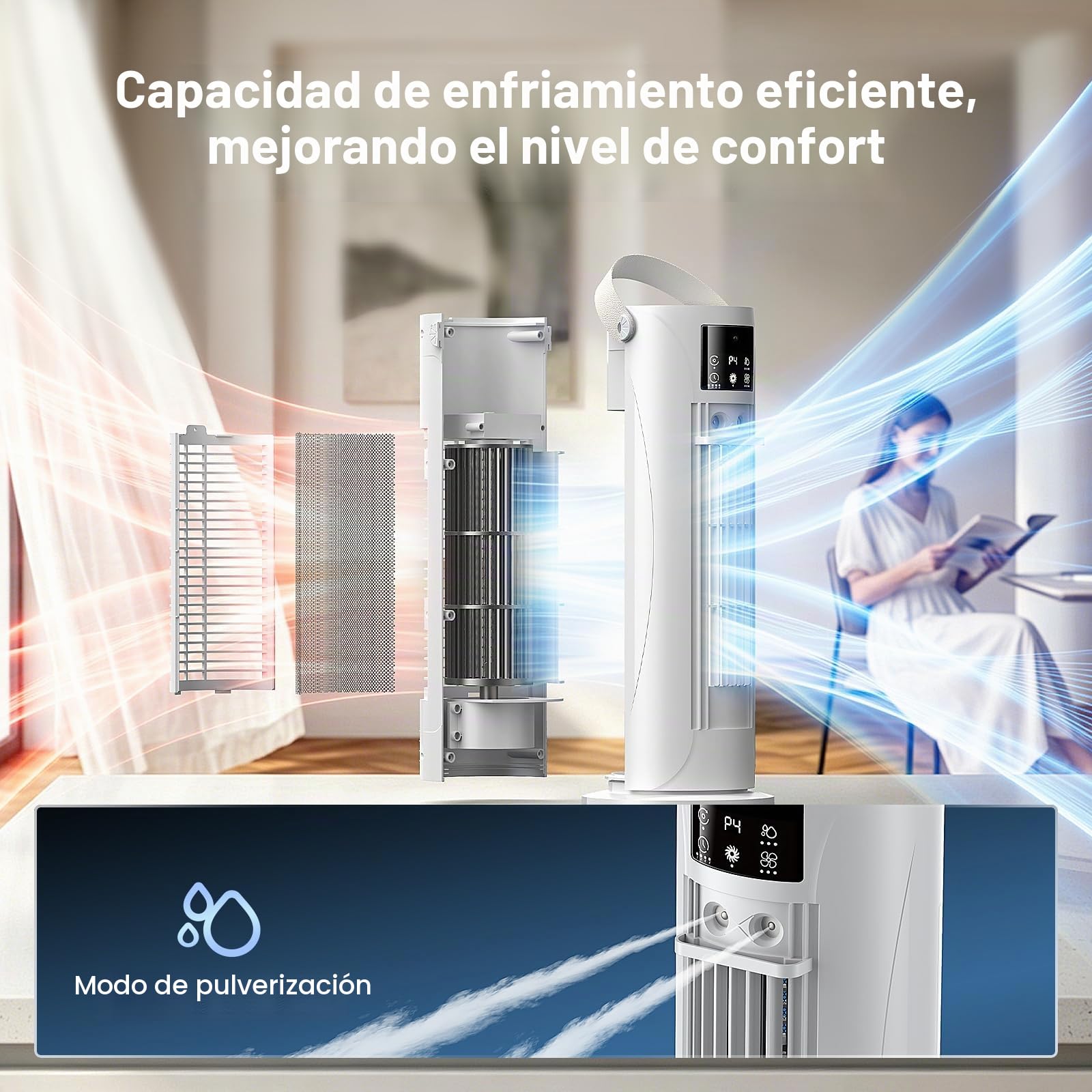 Aire Acondicionado Portátil – Mini Aire Acondicionado con Función de Refrigeración y Humidificación, 4 Niveles de Temporizador, Salida de Aire Oscilante de 120°, Oficina, Dormitorio（Blanco perla）