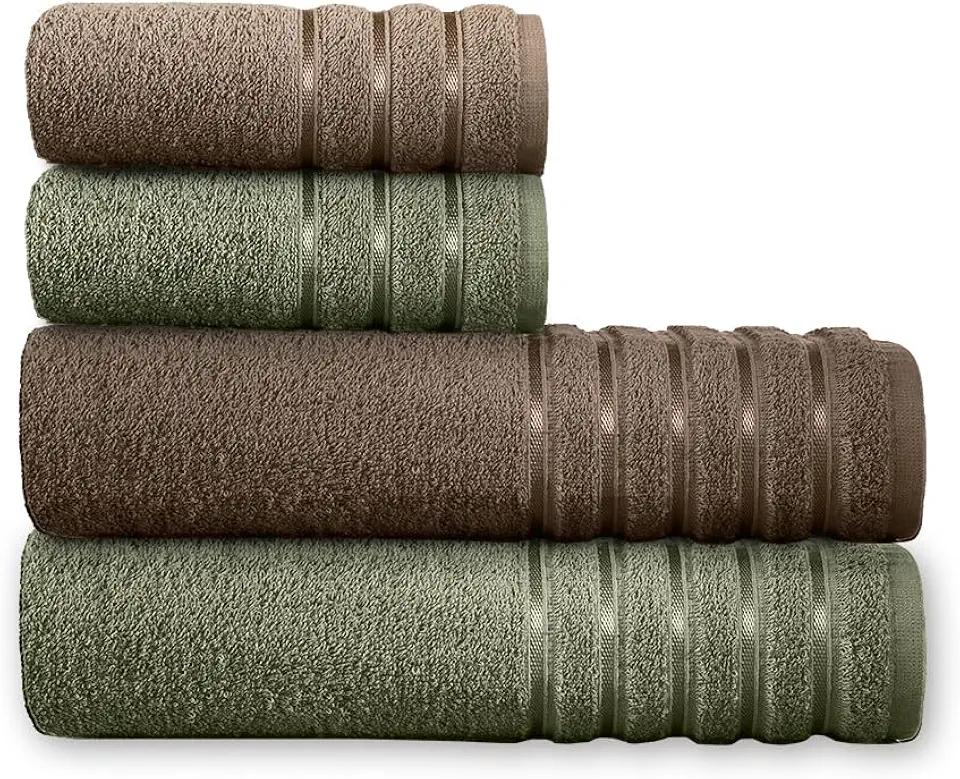Jogo de Toalhas Teka Comfort 4 Peças – 100% Algodão 450g/m² – Banho e Rosto – Toque Macio e Alta Absorção (Marrom e Verde)