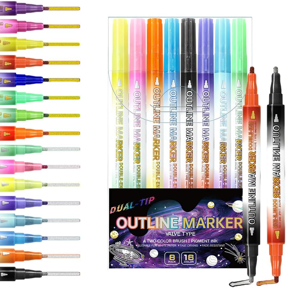 Coloring Lightstick Graffiti Pen, 2026 New Dual Tip Glitter Gel Pen Set, Double Line Outline Art Pen Marker Pen, Highlighting Shimmering Metallic Outline Paint Markers Back to School Supplies (8 PCS)