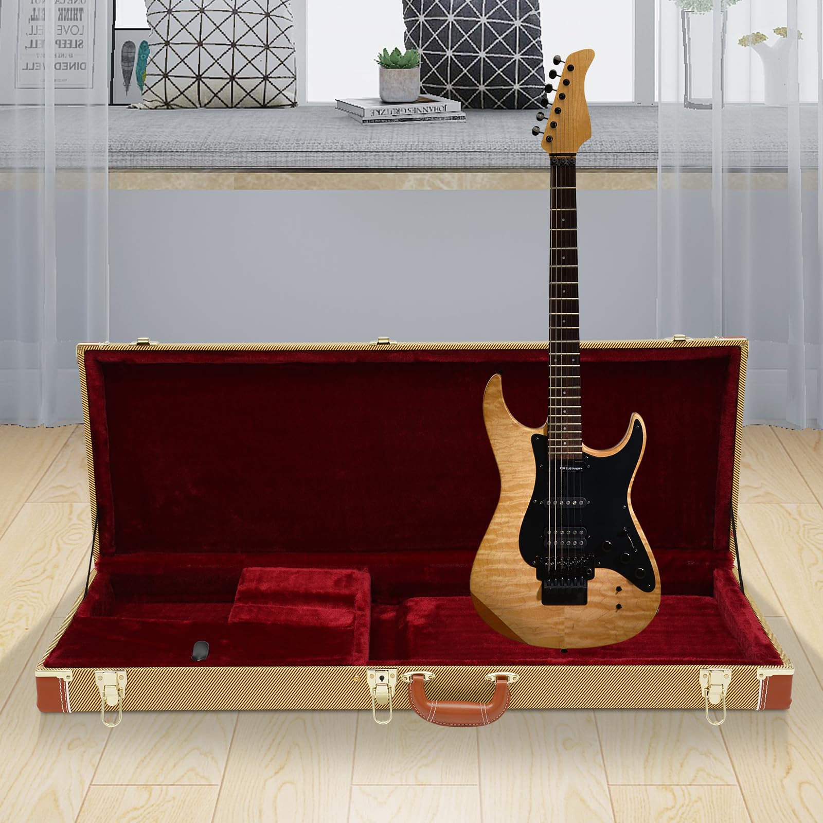Walizka na gitarę elektryczną, twarda obudowa, zamykana, przenośna, prostokątna, drewniana walizka z zamkiem i uchwytem na klucze, miękka podszewka, idealna do większości gitar elektrycznych
