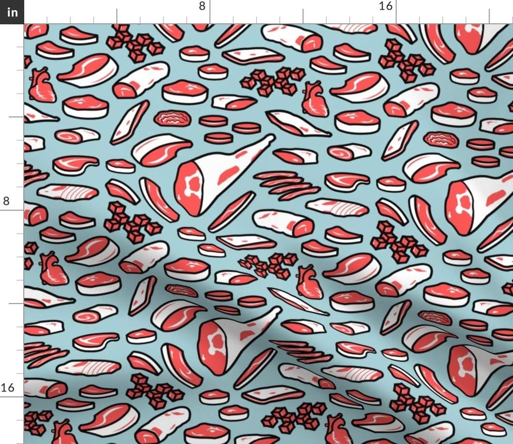 Spoonflower Fabric - Blue Retro Meat Print Vintage Beef Bacon Food Printed on Petal Signature Cotton Fabric by The Yard - Sewing Quilting Apparel Crafts Decor