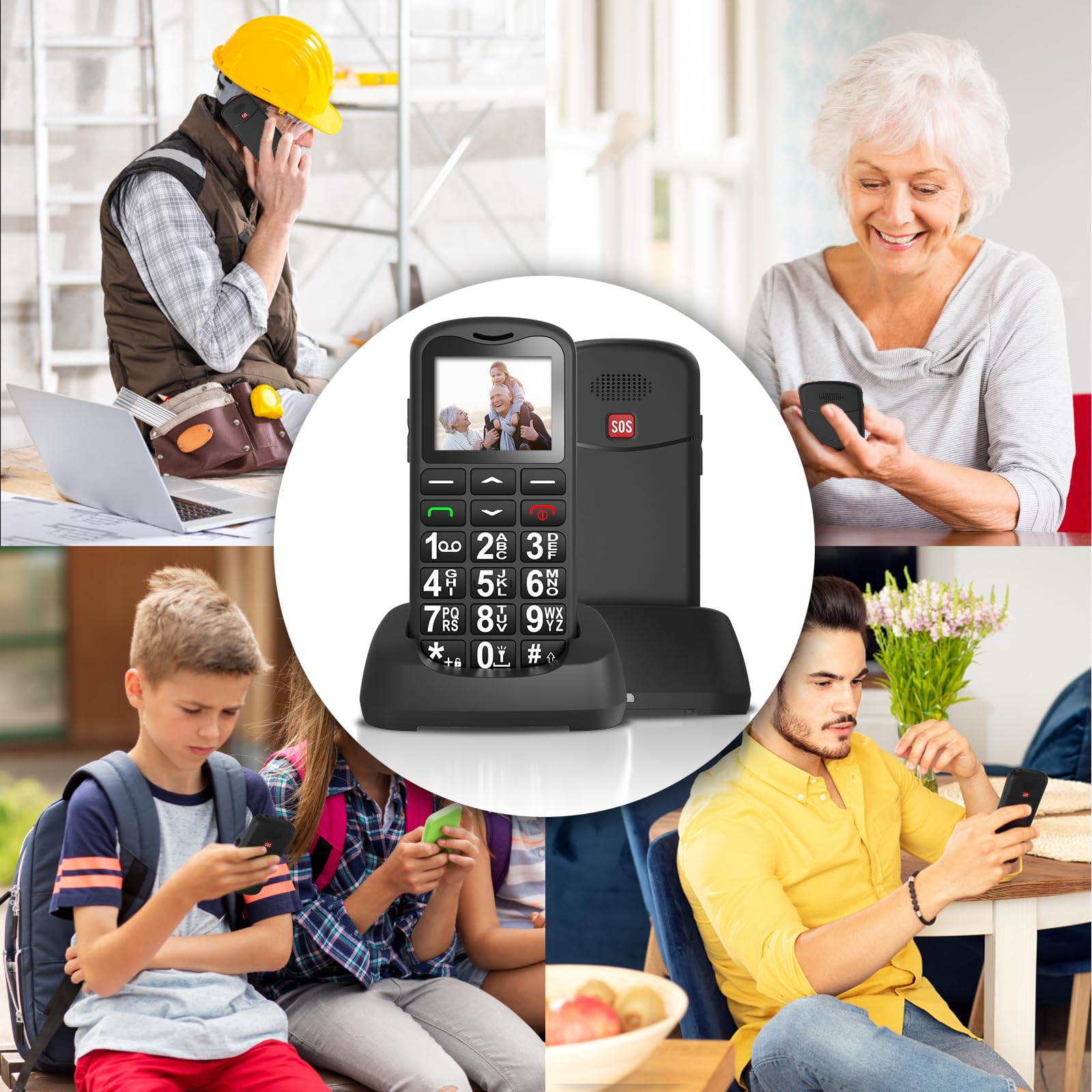 GSM Telefono Cellulare per Anziani, Facile da Usare Cellulare per Anziani con Tasti Grandi, Volume Alto, Funzione SOS, Doppio SIM, Base di Ricarica, Chiamata Rapida, Torcia, Sveglia, 800mAh Batteria