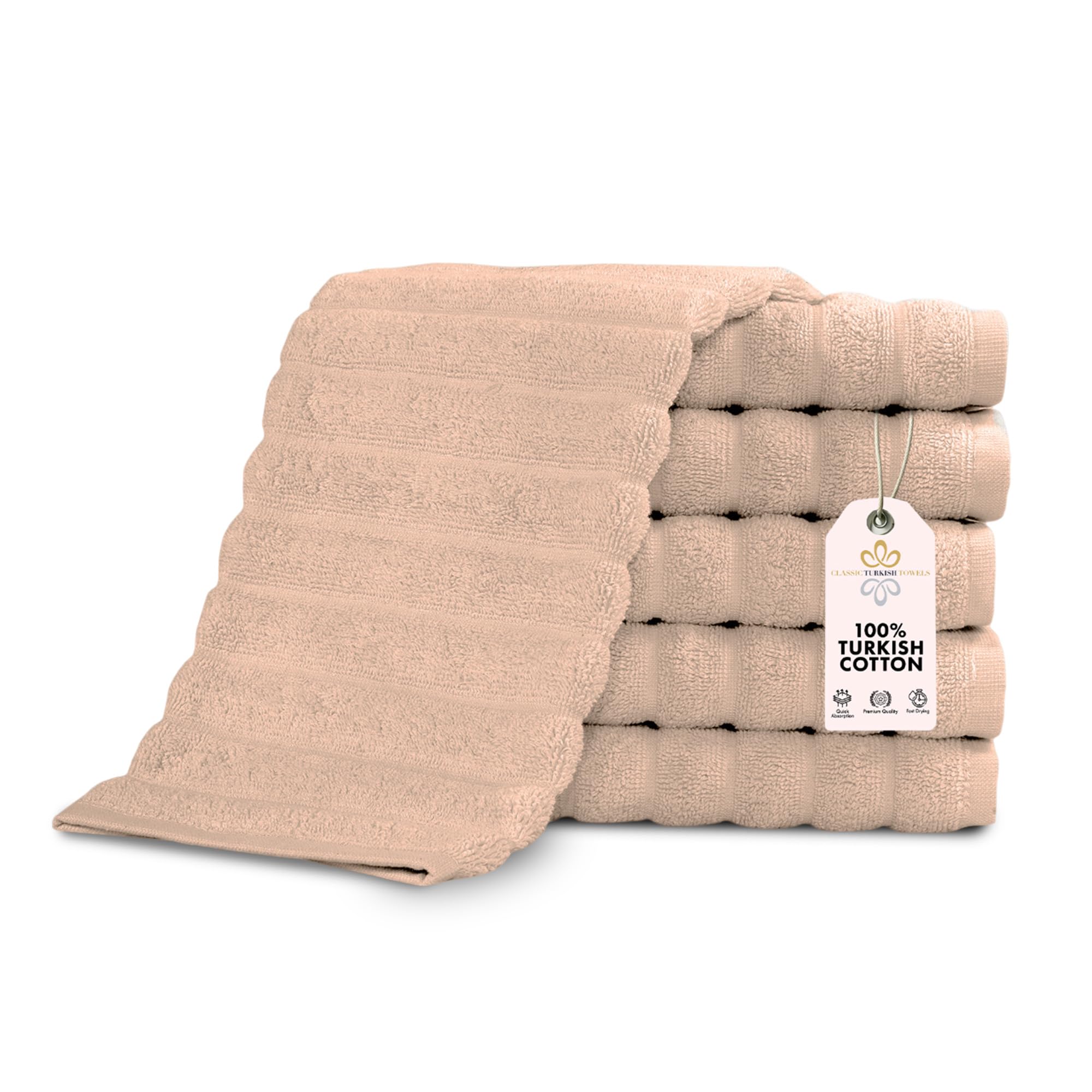Classic Turkish Towels CTT Luxurious 100% Turkish Cotton Washcloths 6 Pack, Highly Absorbent & Quick Dry, Face Towels Wash Cloths for Hotel, Spa & Gym | 13"x13" (Almond Beige)
