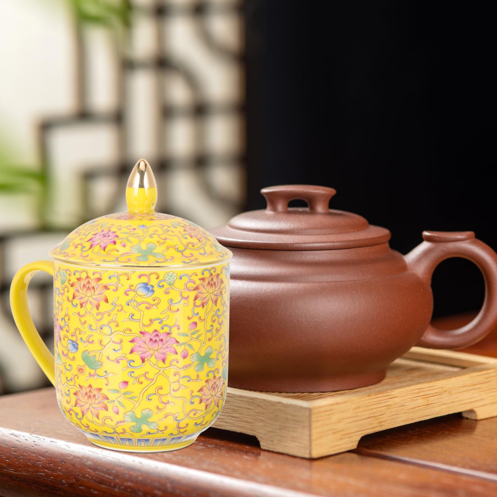 Alasum Chinesische Teetasse mit Deckel aus Keramik, Gelb Retro Klassisch