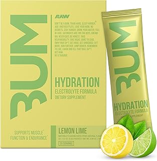 RAW Electrolytes Powder Hydration Drink Mix Packets, Bum Hydrate (Lemon Lime, 20 Servings) - Electrolyte Hydration Packets Supports Muscle Function & Endurance - Keto Free Electrolytes Powder Packets