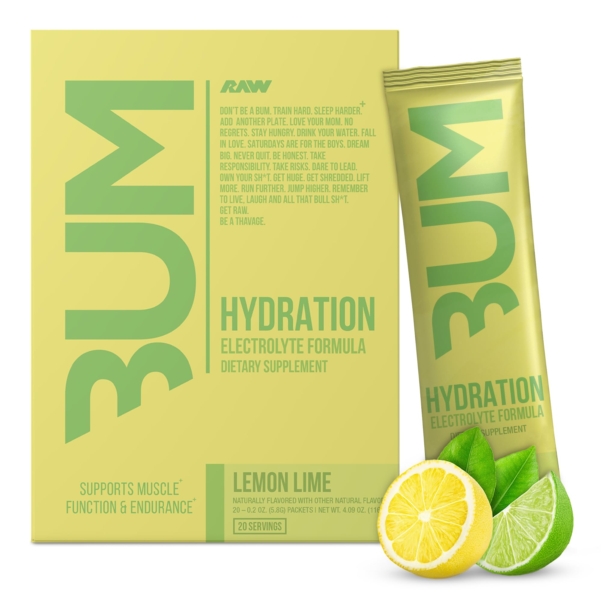 Electrolytes Powder Hydration Drink Mix Packets, Bum Hydrate (Lemon Lime, 20 Servings) - Electrolyte Hydration Packets Supports Muscle Function & Endurance - Keto Free Electrolytes Powder Packets