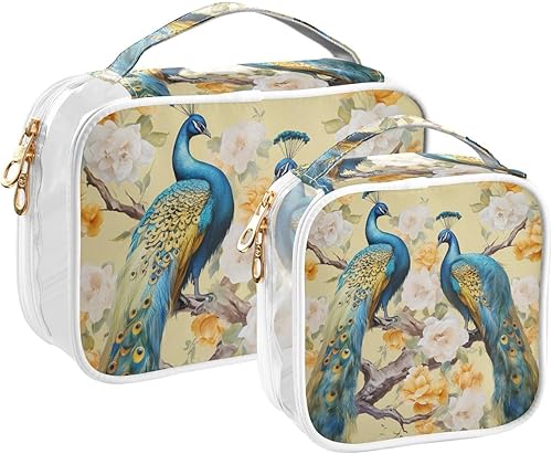 Peacocks Flowers Clear Toiletry Bag for Traveling,2 Pack Makeup Cosmetic Bag with Zipper,Travel Bag for Toiletries,Travel Essentials 21214937