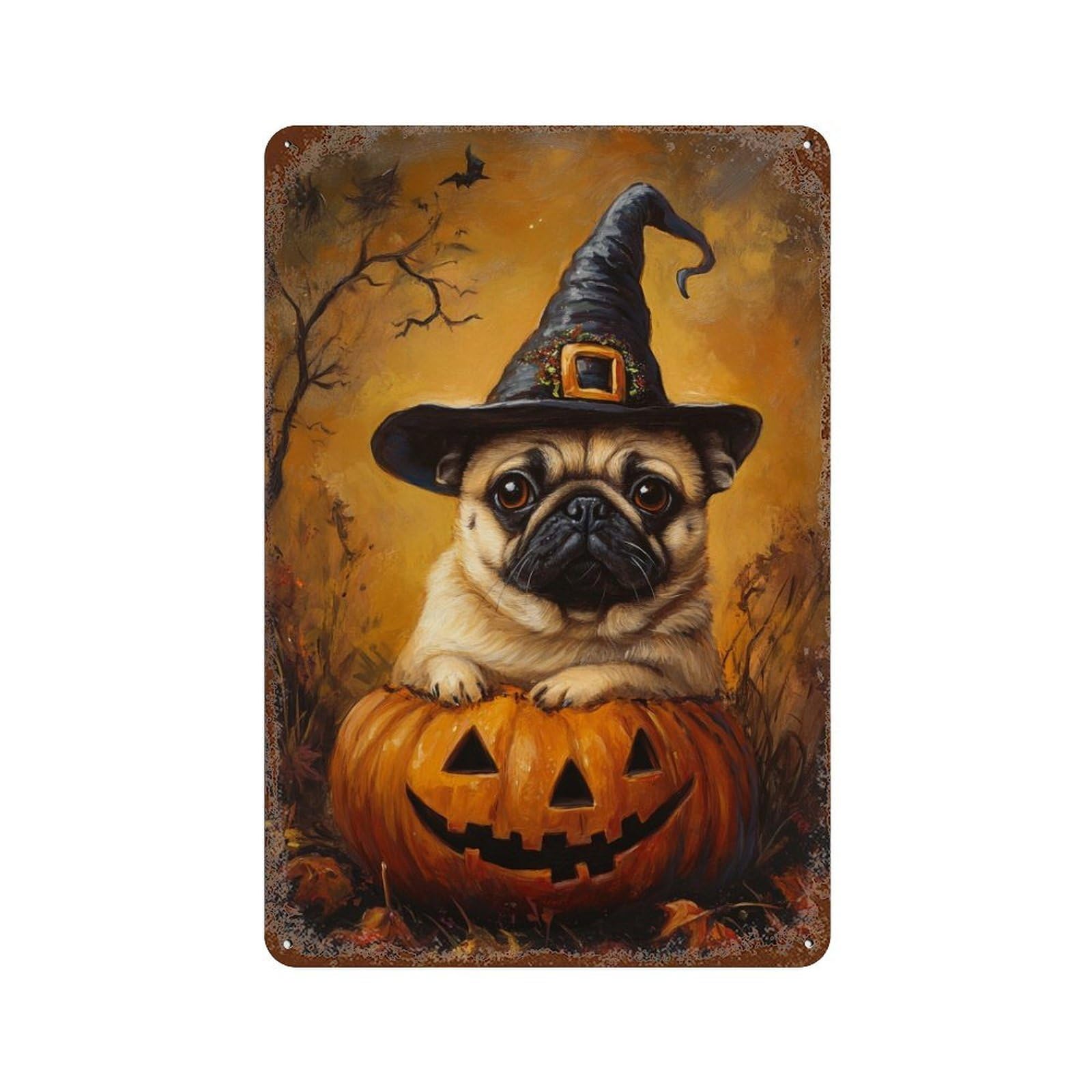 Halloween Pug in Witch Hat Vintage Wall Sign 11.8"x7.9", Rust Effect Metal Decor for Cafe, Home Bar And Lounge Decor