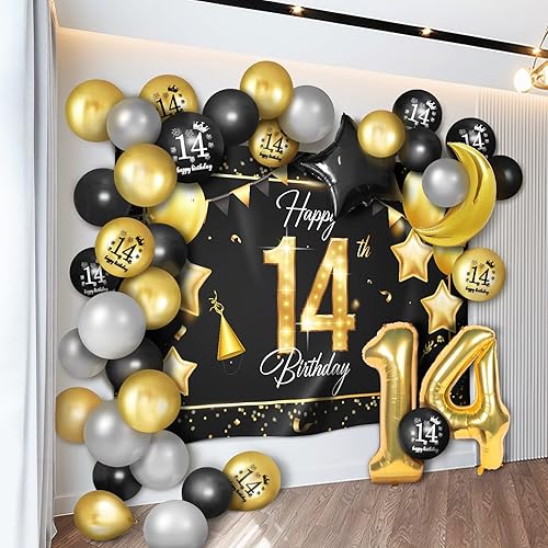 Globos dorados de feliz cumpleaños número 14, decoración – Saludos a los 14 años de edad, guirnalda temática de fiesta con estrellas y luna,
