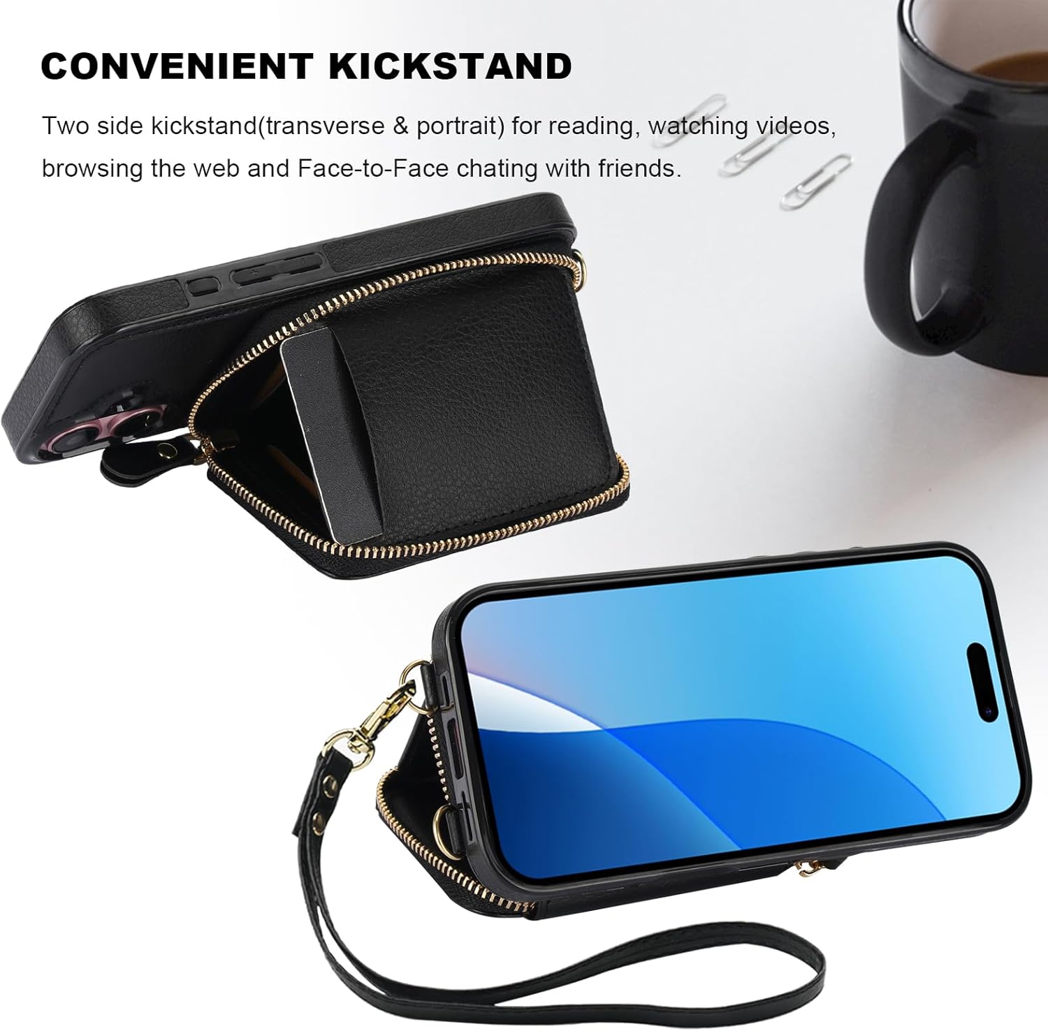 Bocasal RFID Blocking Wallet Case for iPhone 16, Adjustable Crossbody Zipper Purse Case Card Holder with Kickstand Detachable Wrist Strap, PU Leather Flip Folio Case 6.1 Inch 5G (Black)