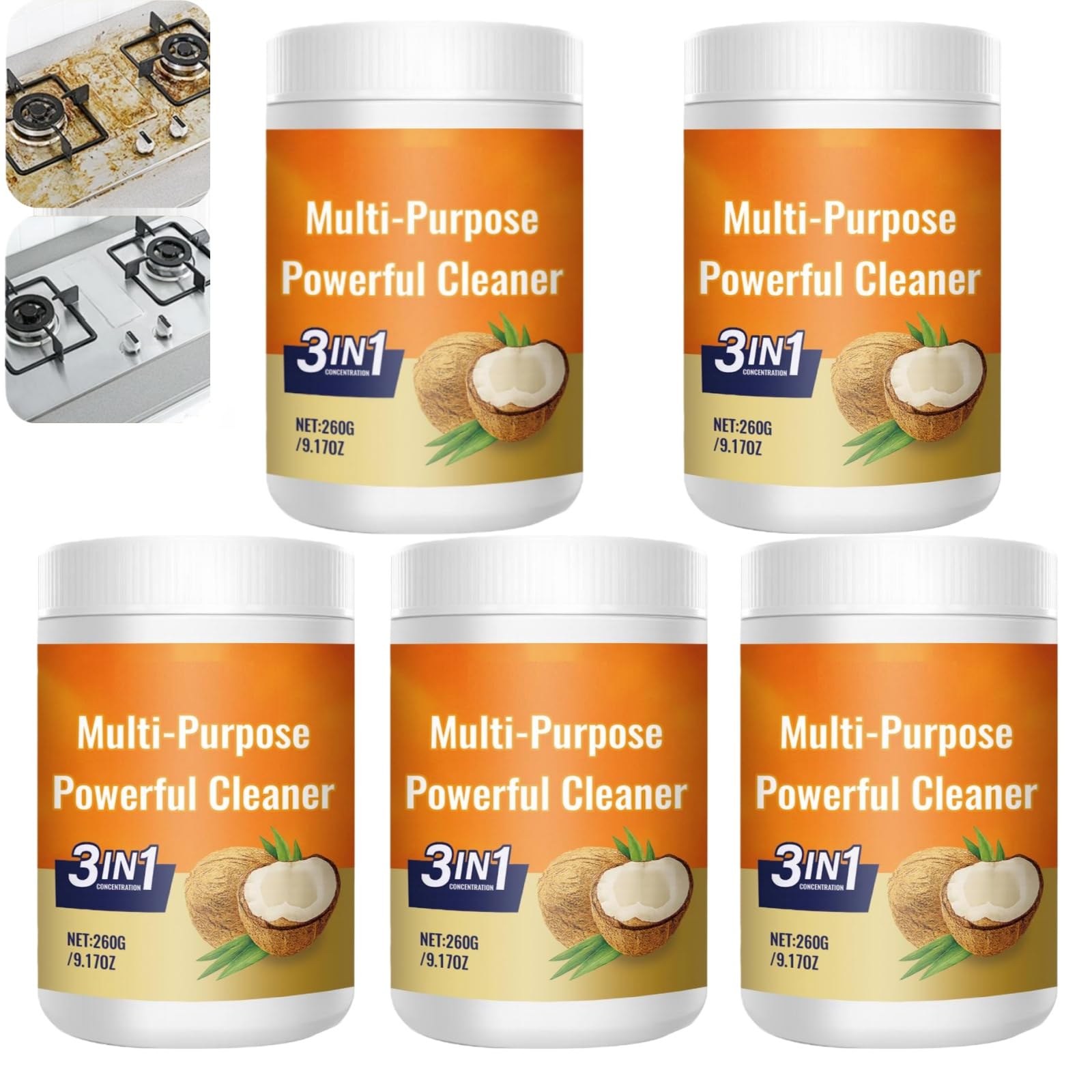 Multifunktionaler Powerful Cleaner,Edelstahlreiniger,Spülmaschinenreiniger,Ceranfeldreiniger,Natürlicher Kokosöl Fleckenentferner,Ölfleckentferner Für Küche,Stellt Glanz Wieder,260g(5 Stück)