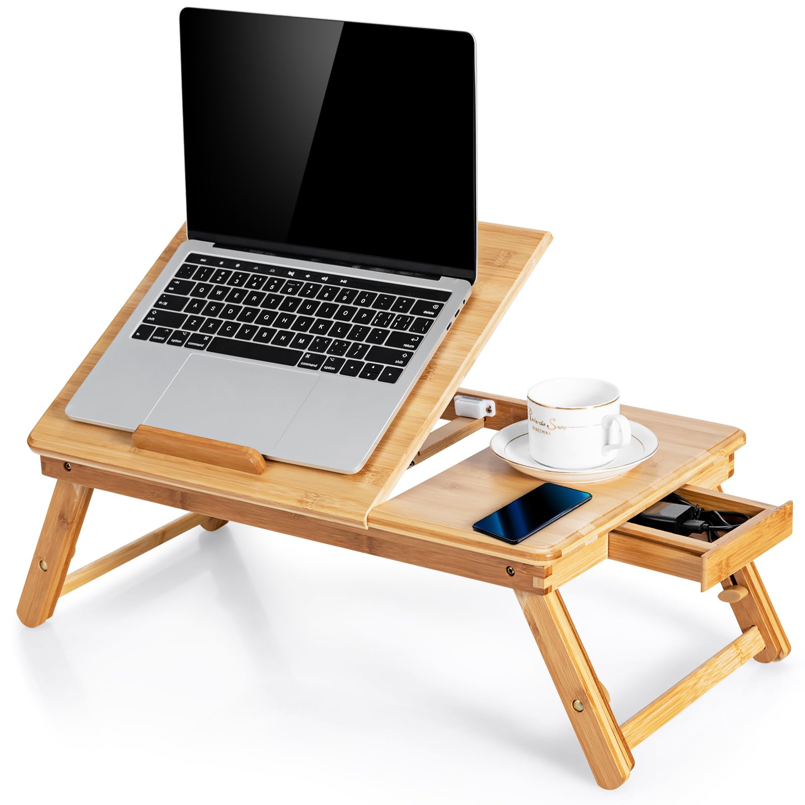 GYMAX Tavolino per Computer Portatile in Bambù con Piano Inclinabile a 4 Livelli e Cassetto, Tavolo Pieghevole con Altezza Regolabile, Fori di Raffreddamento, Supporto per Computer (Naturale)