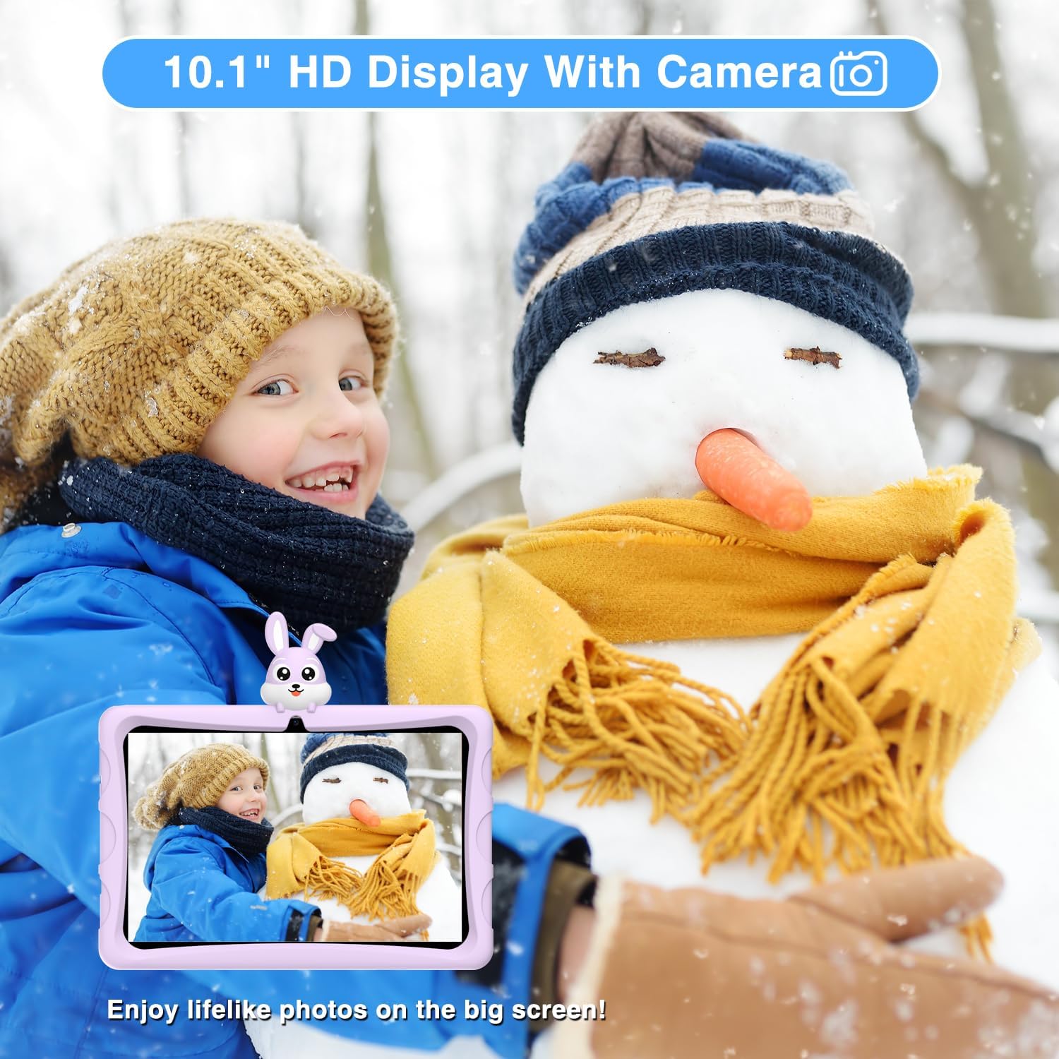 Child taking a photo with DOOGEE U9 Kid Tablet in a snowy outdoor setting