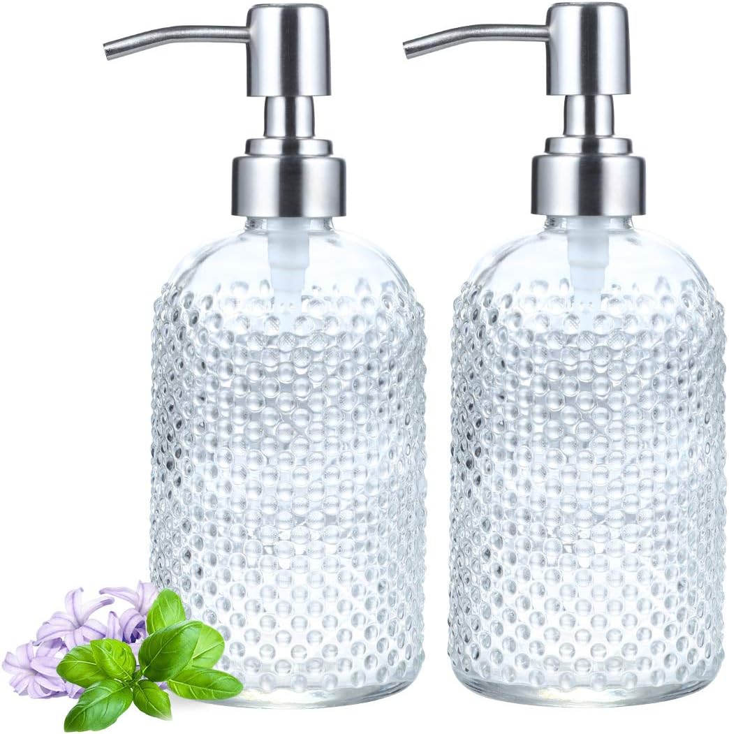 2 Pack Soap Dispenser 18 Ounce Tempered Glass Clear Hand Liquid Soap Bottle Refillable Lotion Dispensers with Rust Proof Pump for Bathroom Countertop Kitchen Sink (Ball)