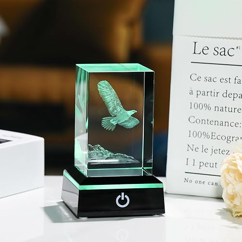 Miniatura 7 de Movdyka Figuras de águila grabadas en 3D de cristal, regalos para hombres con base de luz colorida, estatua de águila de animales, adorno de
