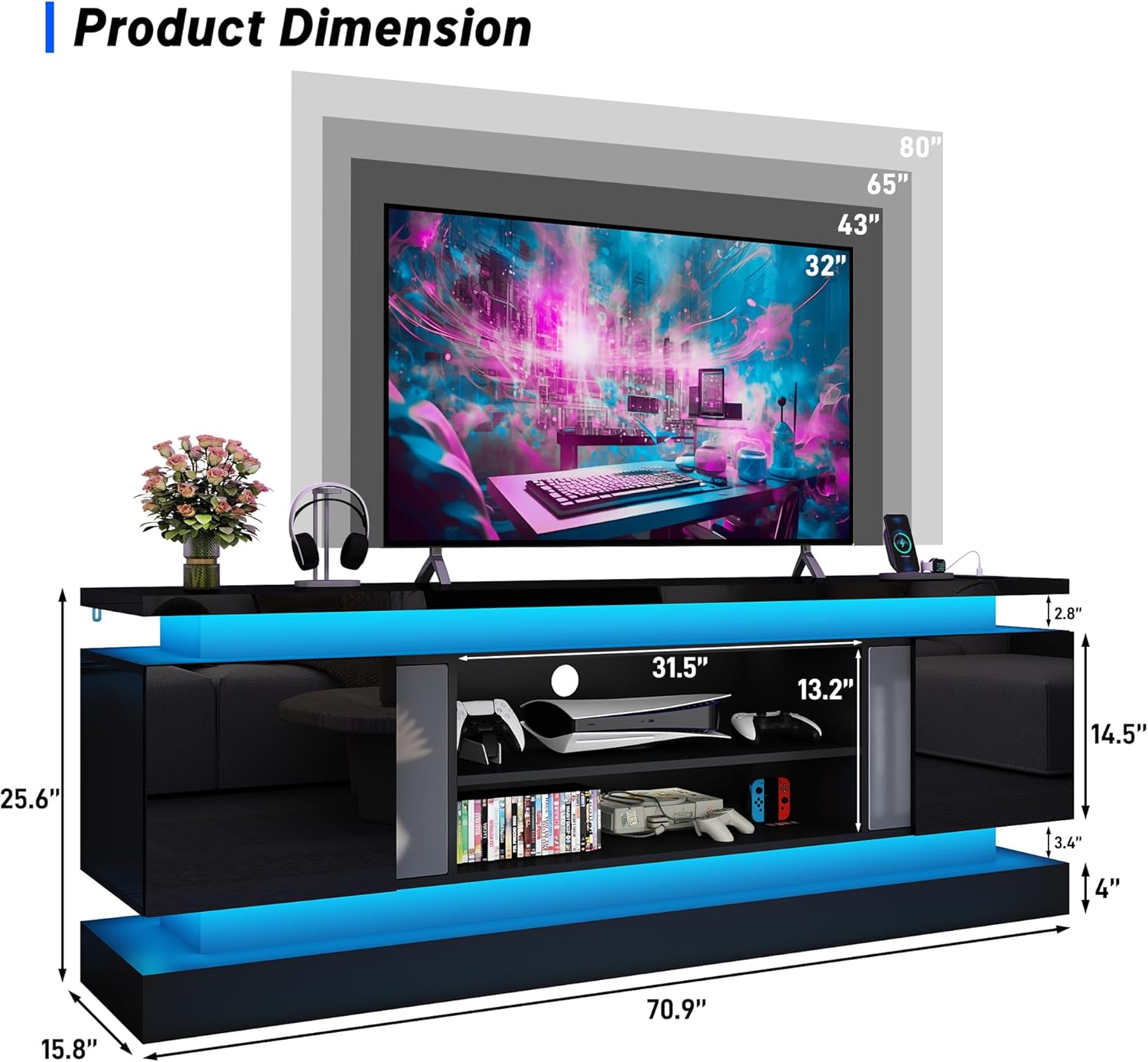 71IN LED TV Stands w/Power Outlet for 85/80/75 Inch TV,High Glossy Modern TV Console Gaming Entertainment Center with 2 Storage Cabinets,Dual LED Lights Strips for Living Room,Bedroom,Black - Image 2
