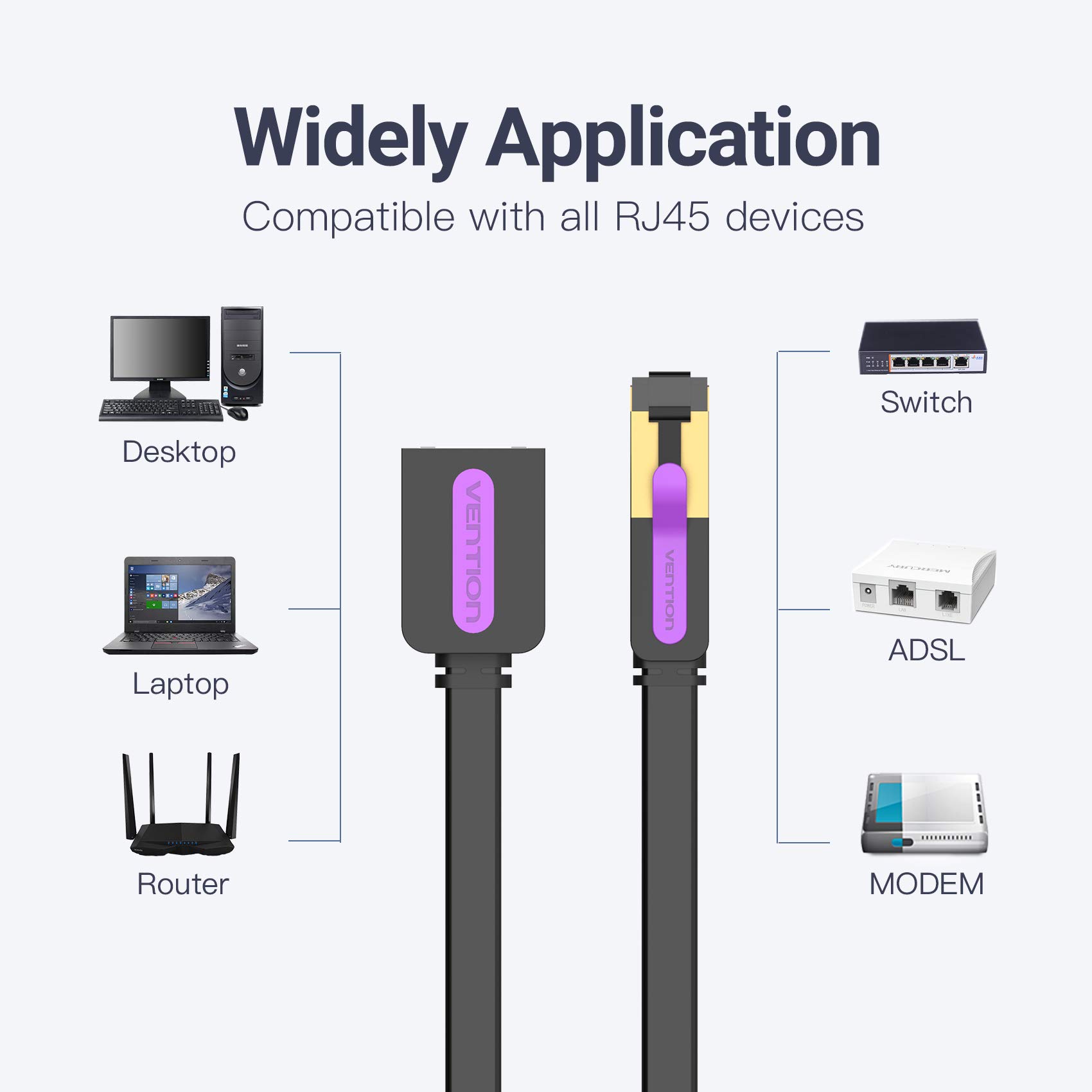 VENTION Câble d'extension Ethernet Cat7 10 Gbit/s 600 MHz - Câble LAN blindé plat avec connecteur RJ45 mâle vers femelle plaqué or Cat 7 FTP Ethernet Patch Internet