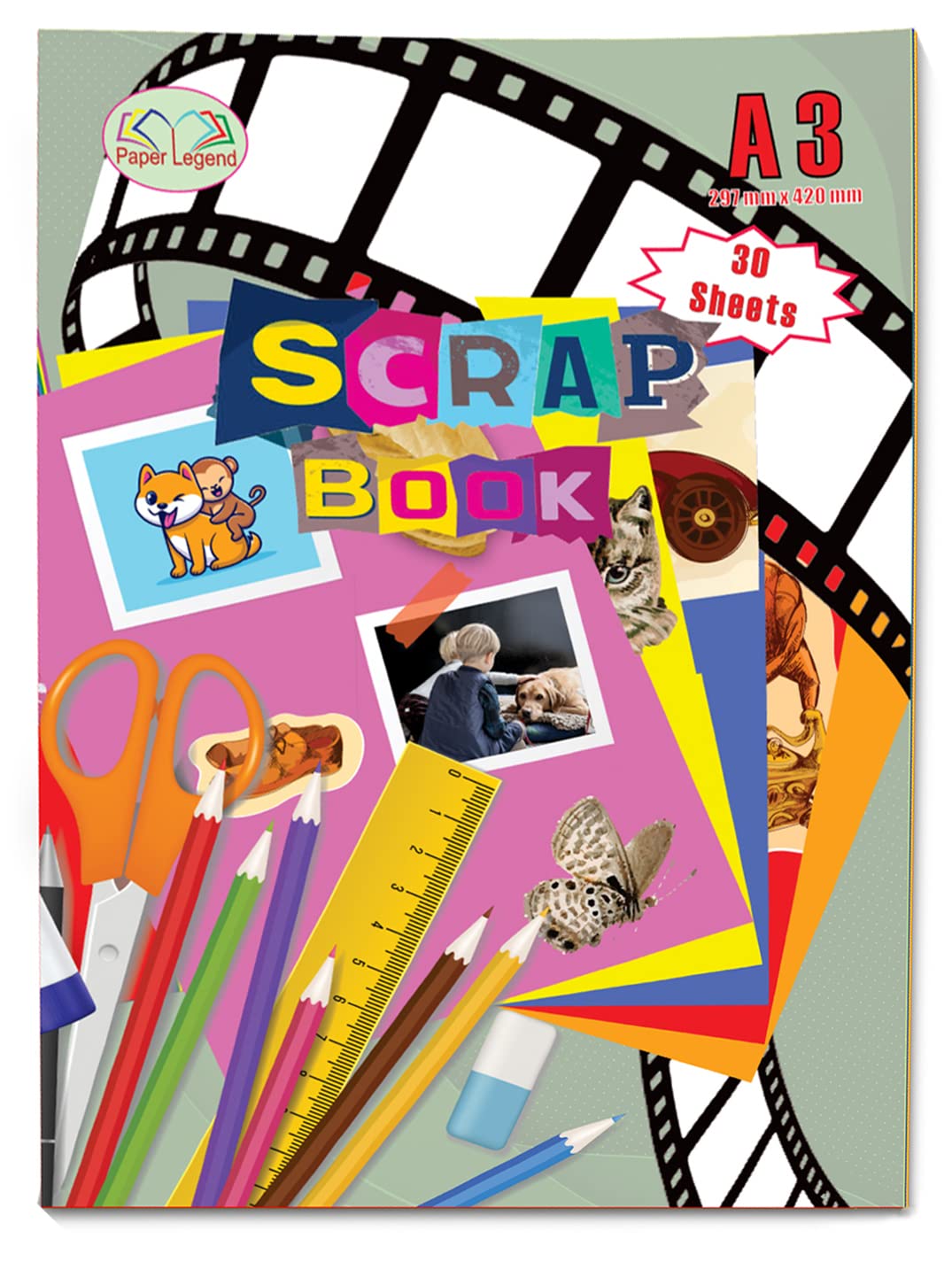 CHPL A3 Staple Bound Scrapbooks Assorted 30 Colour Sheets for and Adults Family Photo Album Card Making Art Craft Activity Scrap Card Book.