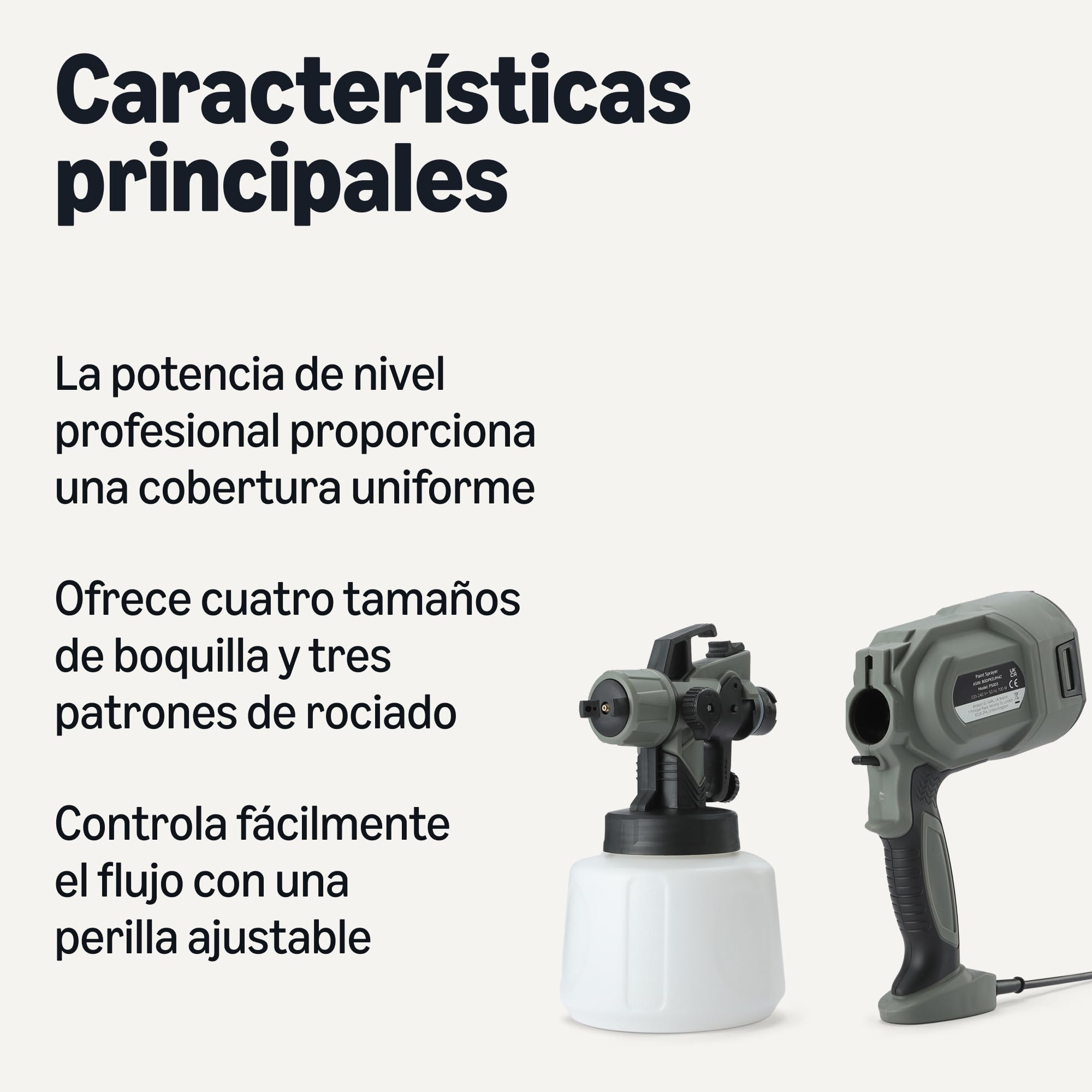 Amazon Basics Pistola Pulverizadora Eléctrica 700W con Depósito de 1.200ml, 4 Boquillas y 3 Modos de Pulverización, para Interior y Exterior, Gris
