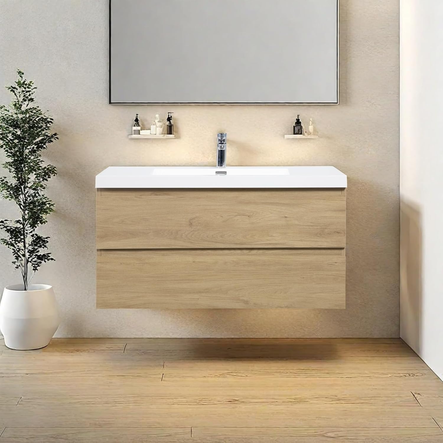Floating Bathroom Vanity with Sink, 24" Wall-Mounted Bathroom Storage Cabinet with Resin Countertop & 2 Soft Close Drawers, Modern Stylish Vanity with Open Back Design, Easy to Clean, Oak