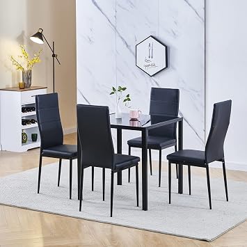 5 Piece Black Glass Dining Table and Dining Chairs Set of 4, Modern Small Kitchen Square Table and 4 Dining Chairs Space-Saving