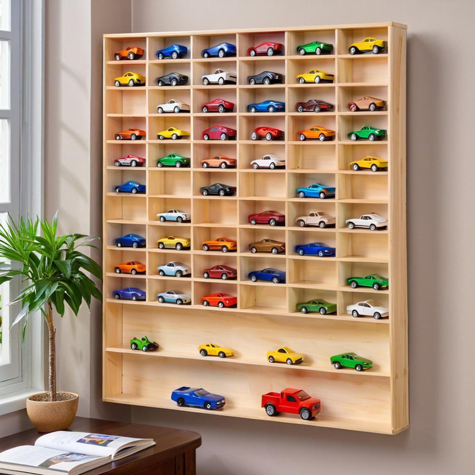 Vetrina per modellini di auto da parete, in legno, con 62 griglie per oggetti da collezione per auto giocattolo, organizer decorativo per casa o ufficio