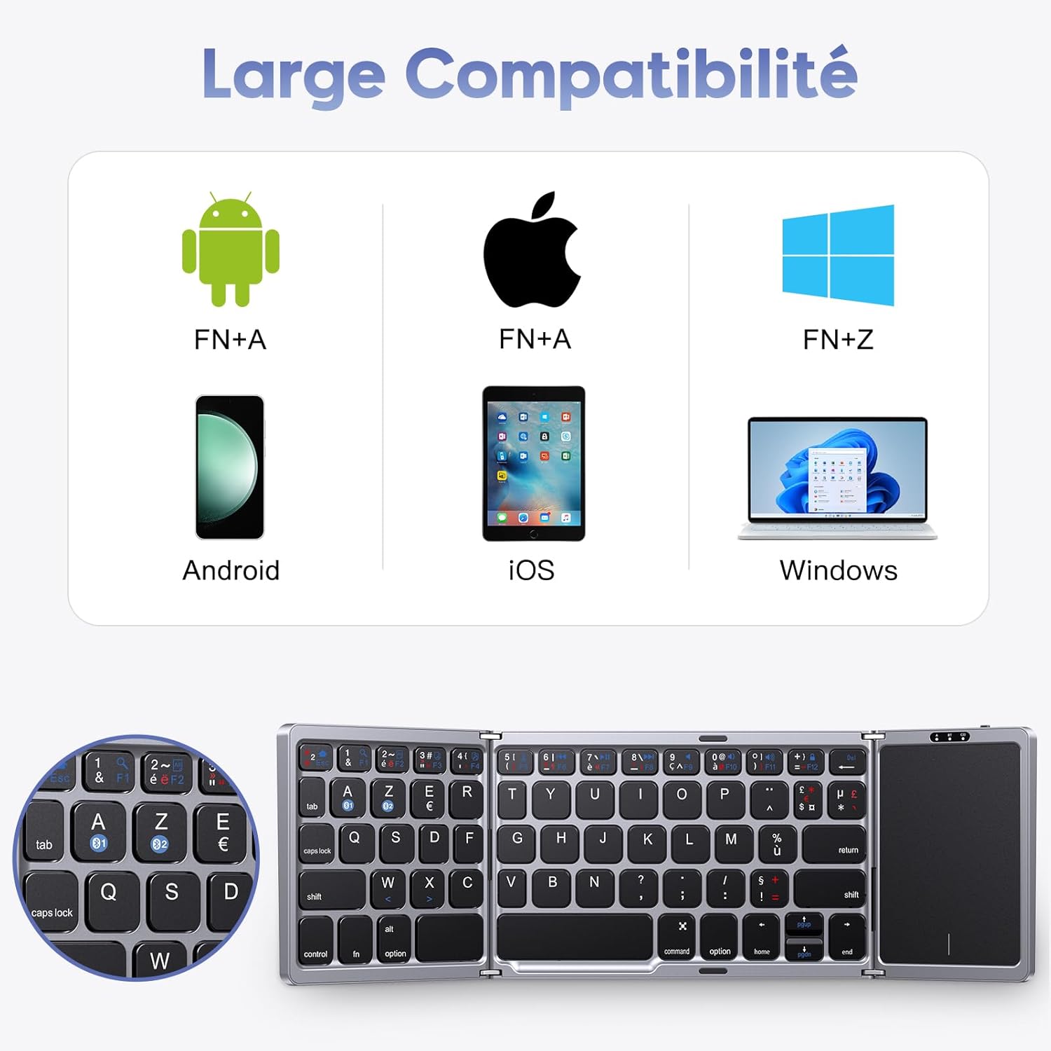 OMOTON KB568 keyboard showing compatibility with Android, iOS, and Windows devices, along with the FN+A and FN+Z key combinations.