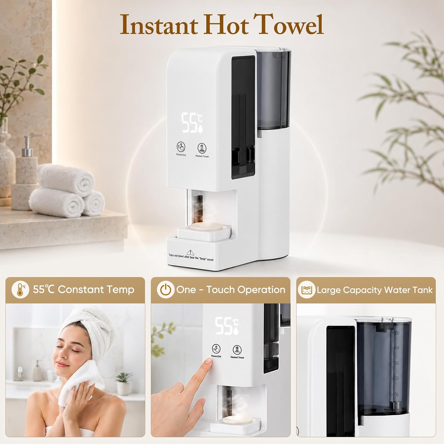 Hot Towel Dispenser Machine for Face, 5s Fast Heating Towel Warmer Heater, 131°F Constant Temp, 80 Compressed Towels, One-Touch Auto Dispense, Safety Lock and Quiet Pump for Home Spa and Skincare