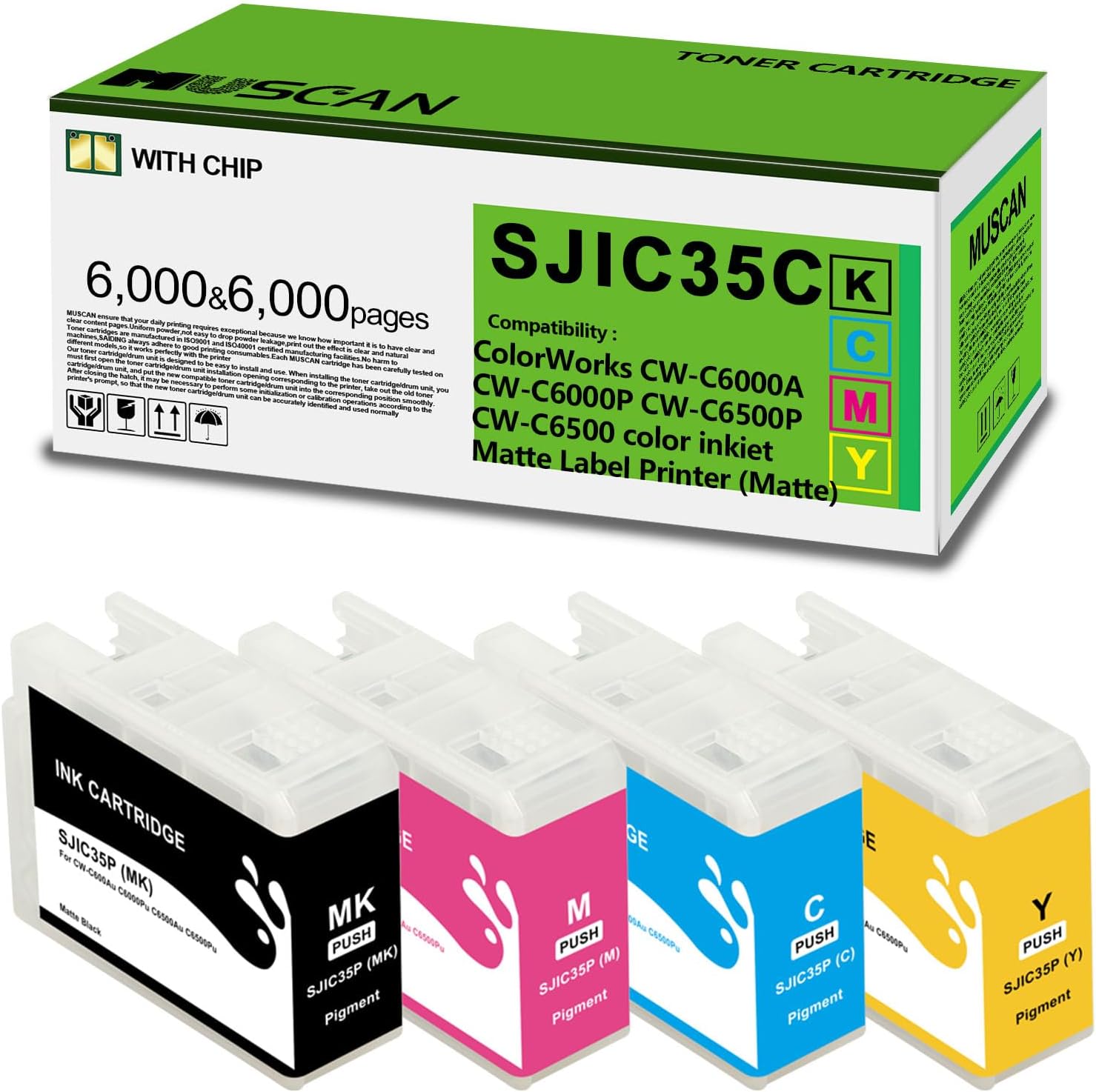 Remanufactured SJIC35P Ink Cartridges (with New Chip) 4-Pack Replacement for Epson SJIC35P, Compatible with ColorWorks CW-C6000P CW-C6000A CW-C6500A CW-C6500P CW-C6500PU Printer
