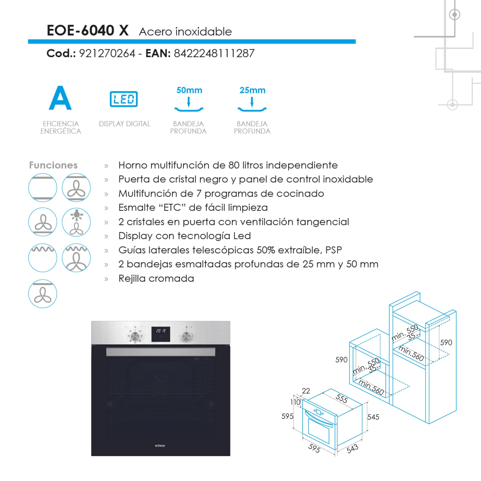 Edesa Horno Multifunción EOE-6040 X/A 80L 7 Programas Cocinado Display LED Esmalte ETC Fácil Limpieza Puerta de Cristal Negro Panel Control Inoxidable Color Inox Negro