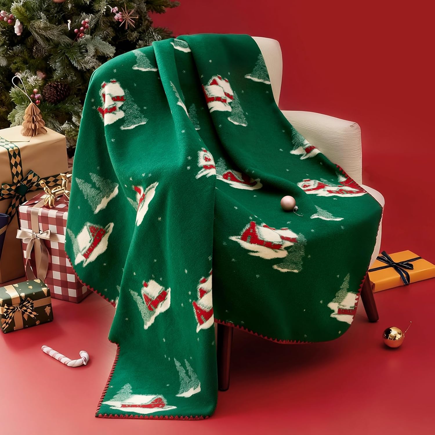 Ashler Merry Christmas Blanket, Soft Jacquard Knitted Throw Blanket with Locking Edge, Warm Cozy Blanket with Christmas Atmosphere Pattern for Couch Living Room Bedroom, Green, 50 x 60 Inches