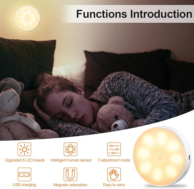 KEWUZY Nachtlampje, set van 3 automatische led-lampen, oplaadbaar via USB, led-nachtlampje met inductie, 6000 K, 8 leds, warm geel, nachtlampje, bewegingsmelder, binnen, auto/aan/uit, voor hal, trap photo 3