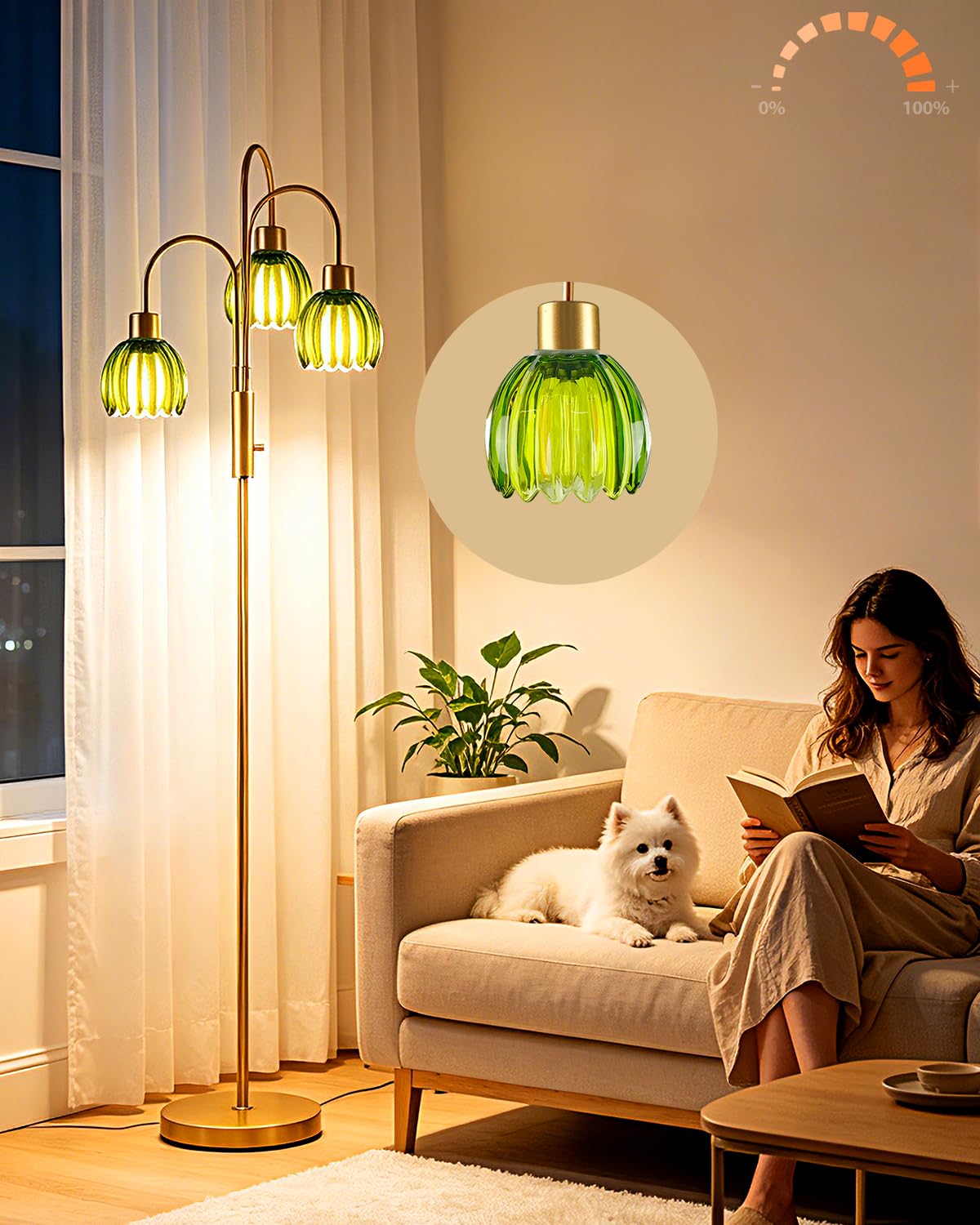Green Lotus Glass Floor Lamp 3-Light 70" Gold Dimmable Tall Standing Lamp